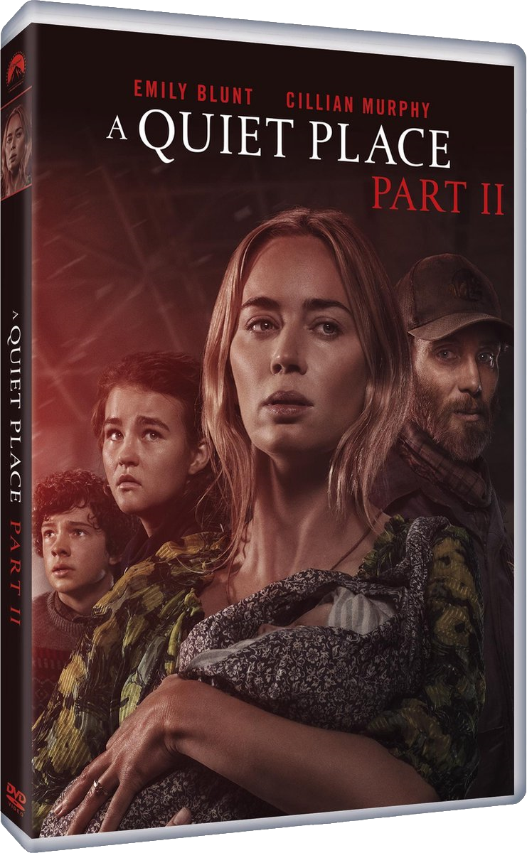 A Quiet Place Part II DVD-hoes met Emily Blunt en Cillian Murphy. Familie en rode achtergrond.