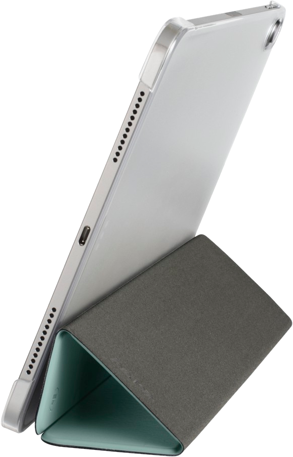 Tablet in einer Hülle, schräg auf einem Ständer.