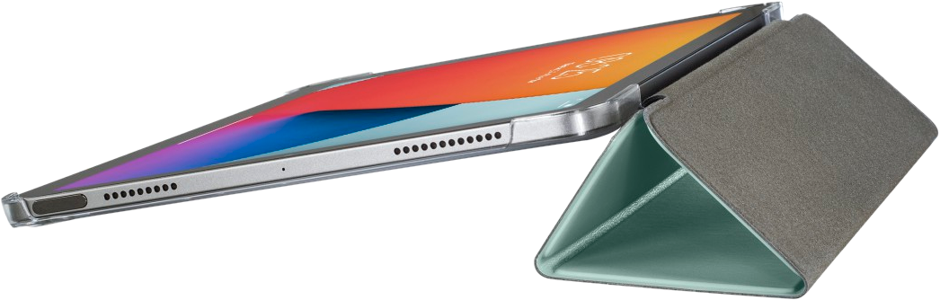 Ein iPad mit Hülle. Die Hülle ist geöffnet und bildet einen Ständer. Der Bildschirm zeigt buntes Bild.