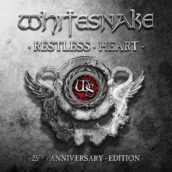 Couverture de l'album "Restless Heart" de Whitesnake. Comprend un emblème argenté avec un centre rouge et du texte.