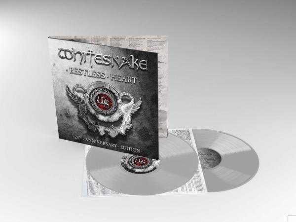 Pochette de l'album 'Whitesnake - Restless Heart', avec des disques vinyles argentés.