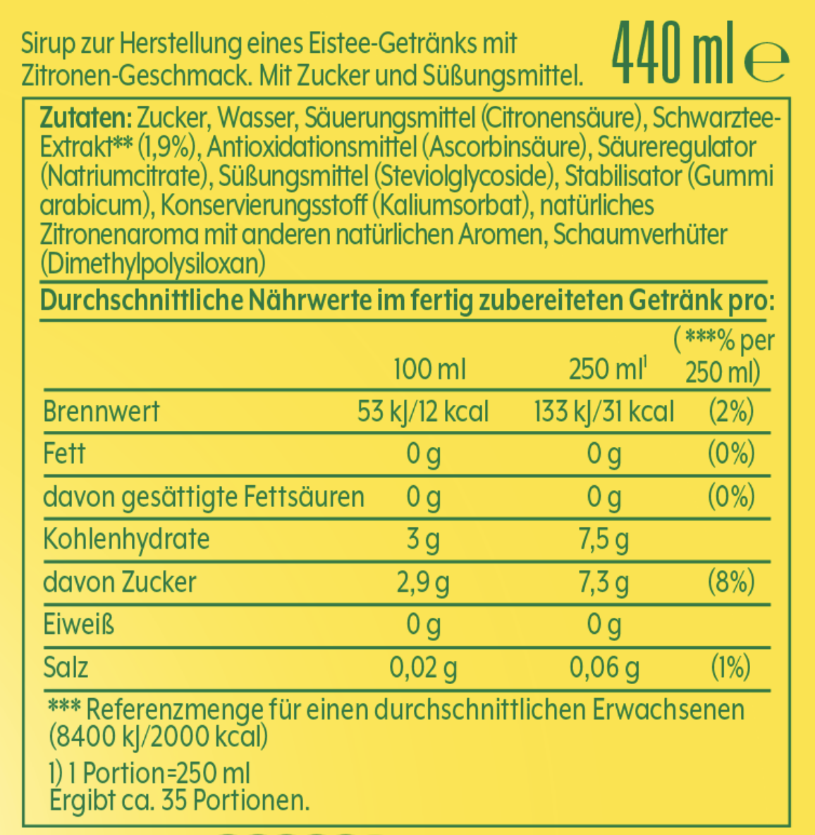 Nährwerttabelle für ein Getränk. Gelber Hintergrund mit schwarzem Text.