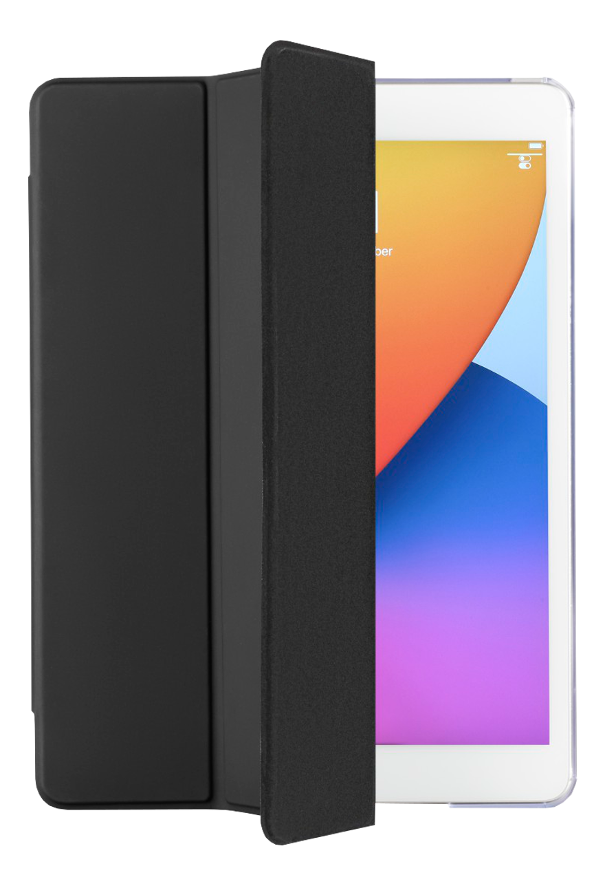 Apple iPad mit schwarzer Smart-Hülle. Der Bildschirm zeigt ein Bild mit orange, blau und weiß.