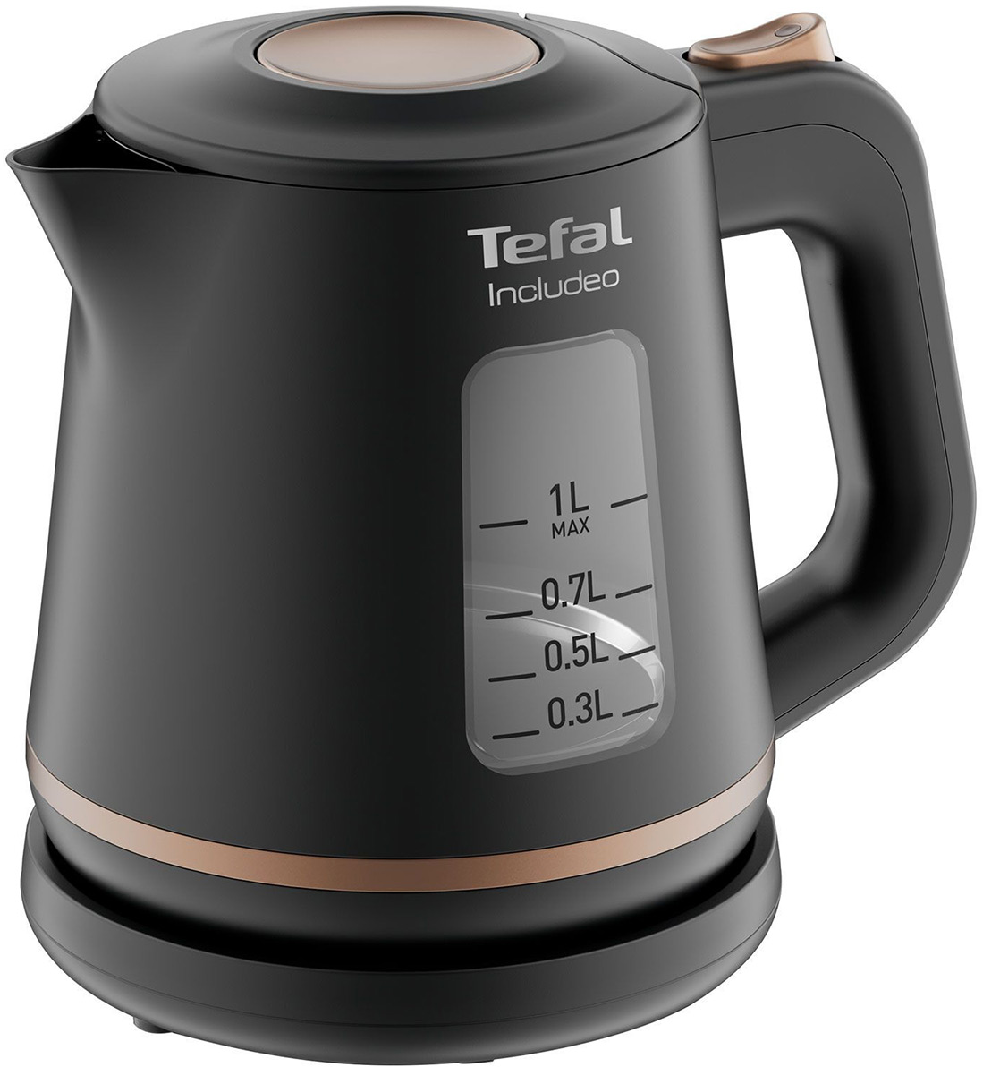 Bollitore elettrico nero e bronzo con indicatore del livello dell'acqua e logo Tefal.