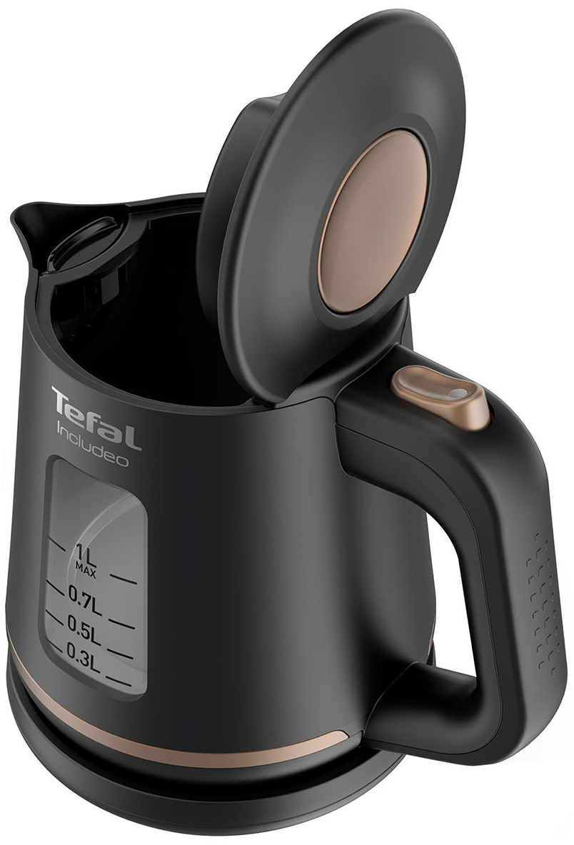 Bollitore elettrico nero e bronzo, aperto.
