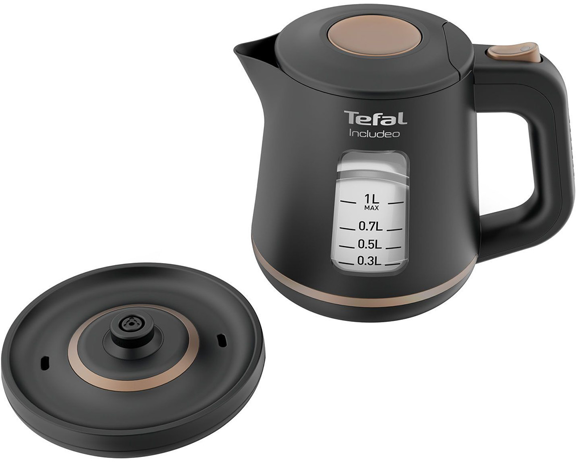 Bollitore elettrico nero e oro con coperchio aperto. Include un indicatore del livello dell'acqua.