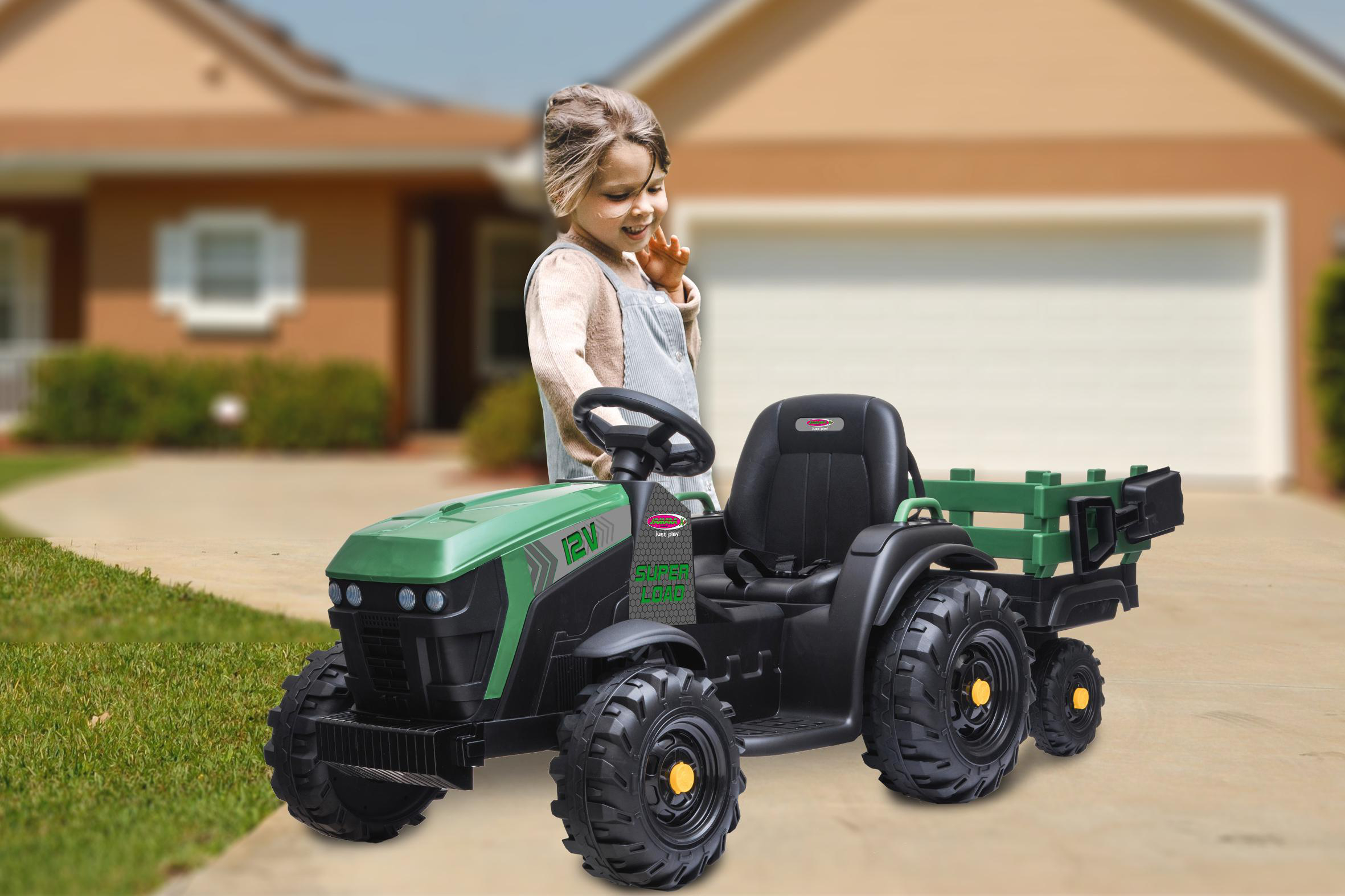 JAMARA Ride-on Traktor Super Load mit Anhänger 12V Kinderfahrzeug, Grün