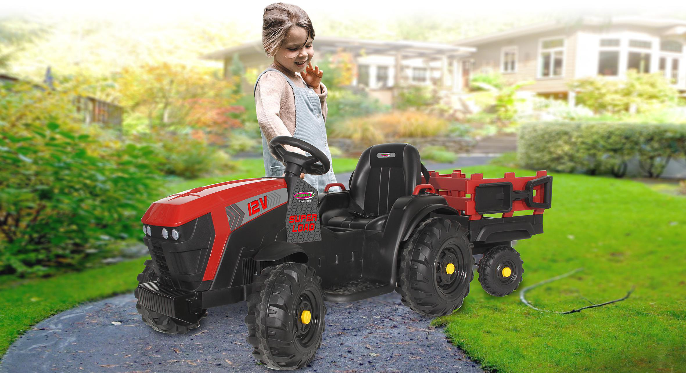 JAMARA Ride-on Traktor Super Load mit Anhänger 12V Kinderfahrzeug, Rot