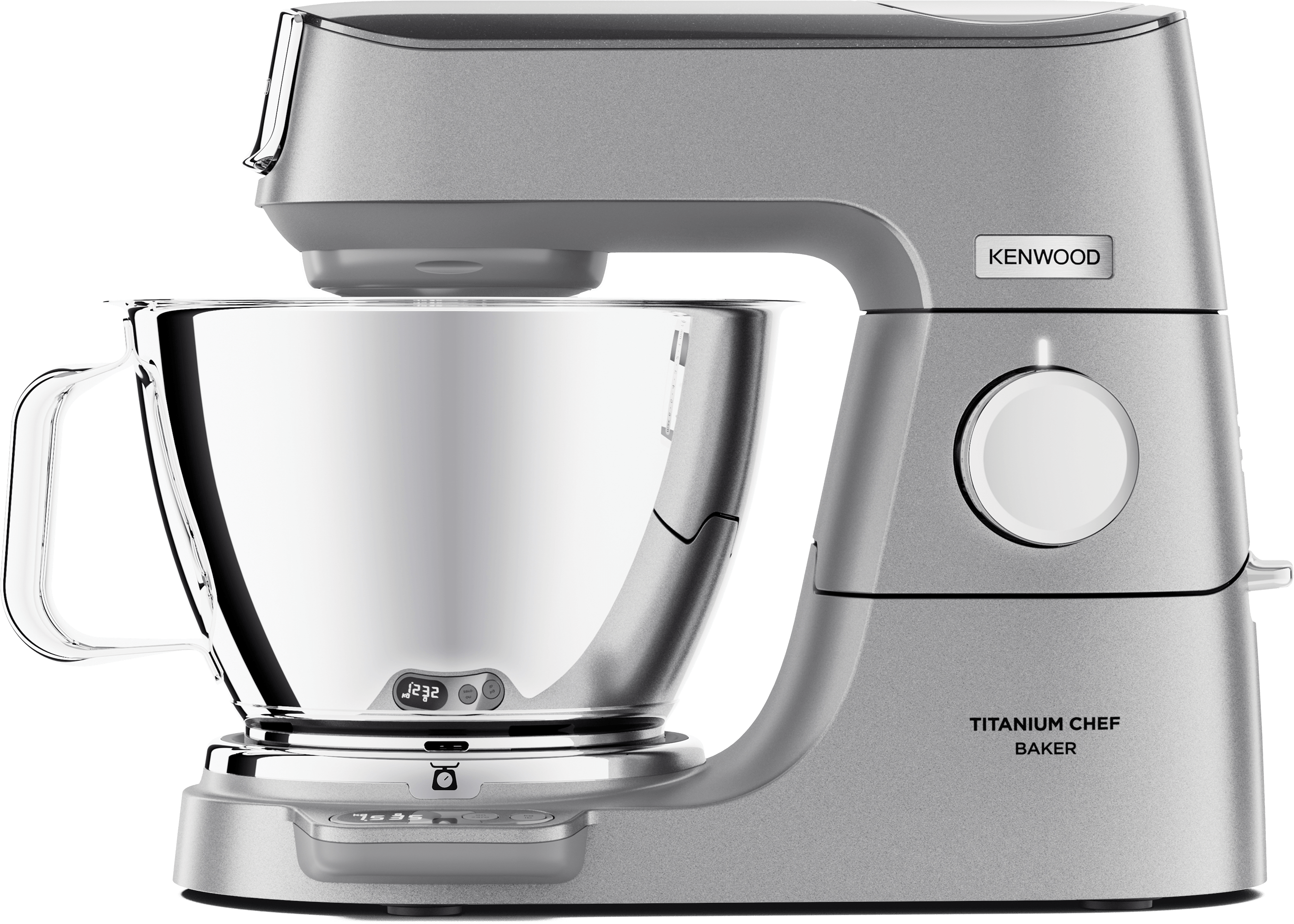 Silberner Kenwood Titanium Chef Baker Küchenmixer mit Edelstahlschüssel.