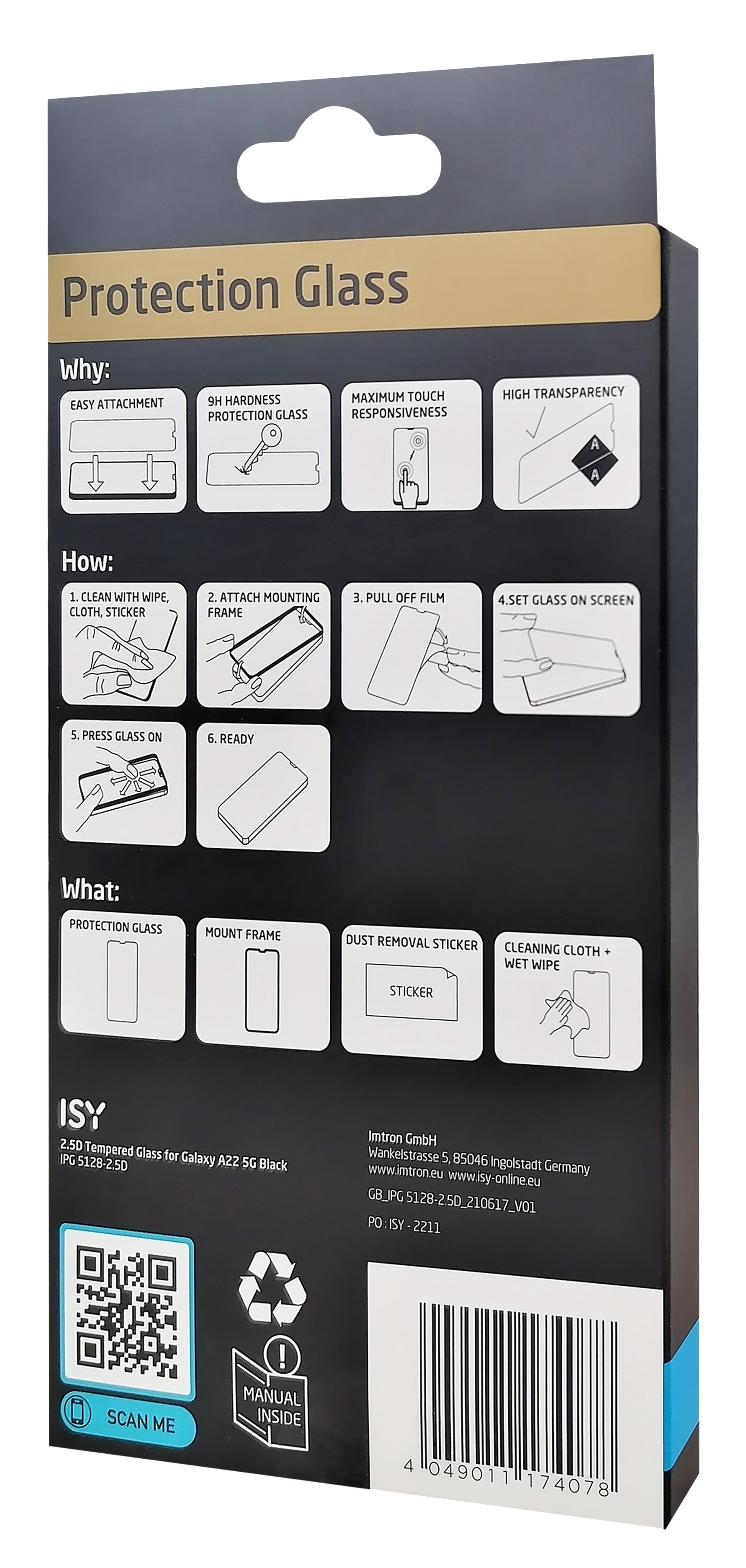 Eine Produktverpackung mit Anweisungen für einen Displayschutz. Es zeigt, wie man es anbringt und was enthalten ist.
