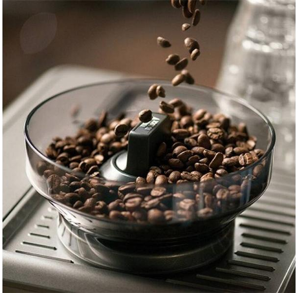 I chicchi di caffè cadono in una ciotola di vetro, su un vassoio.