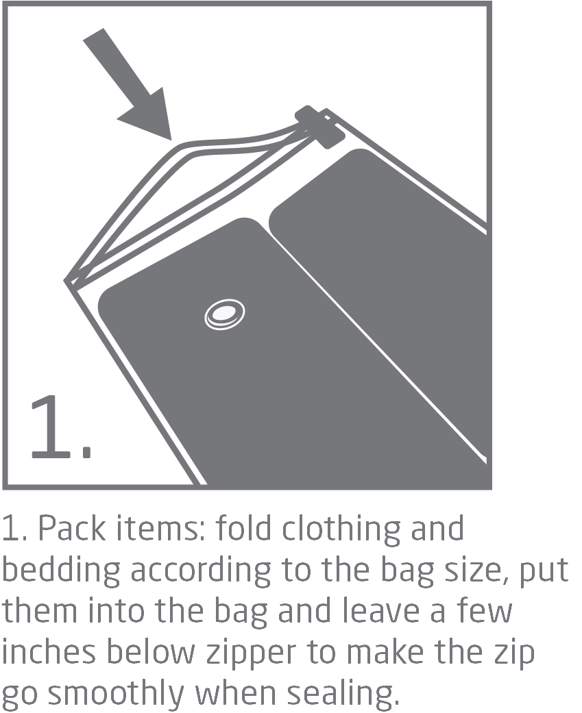 Eine Anleitung zeigt, wie man Kleidung in eine Tasche faltet.