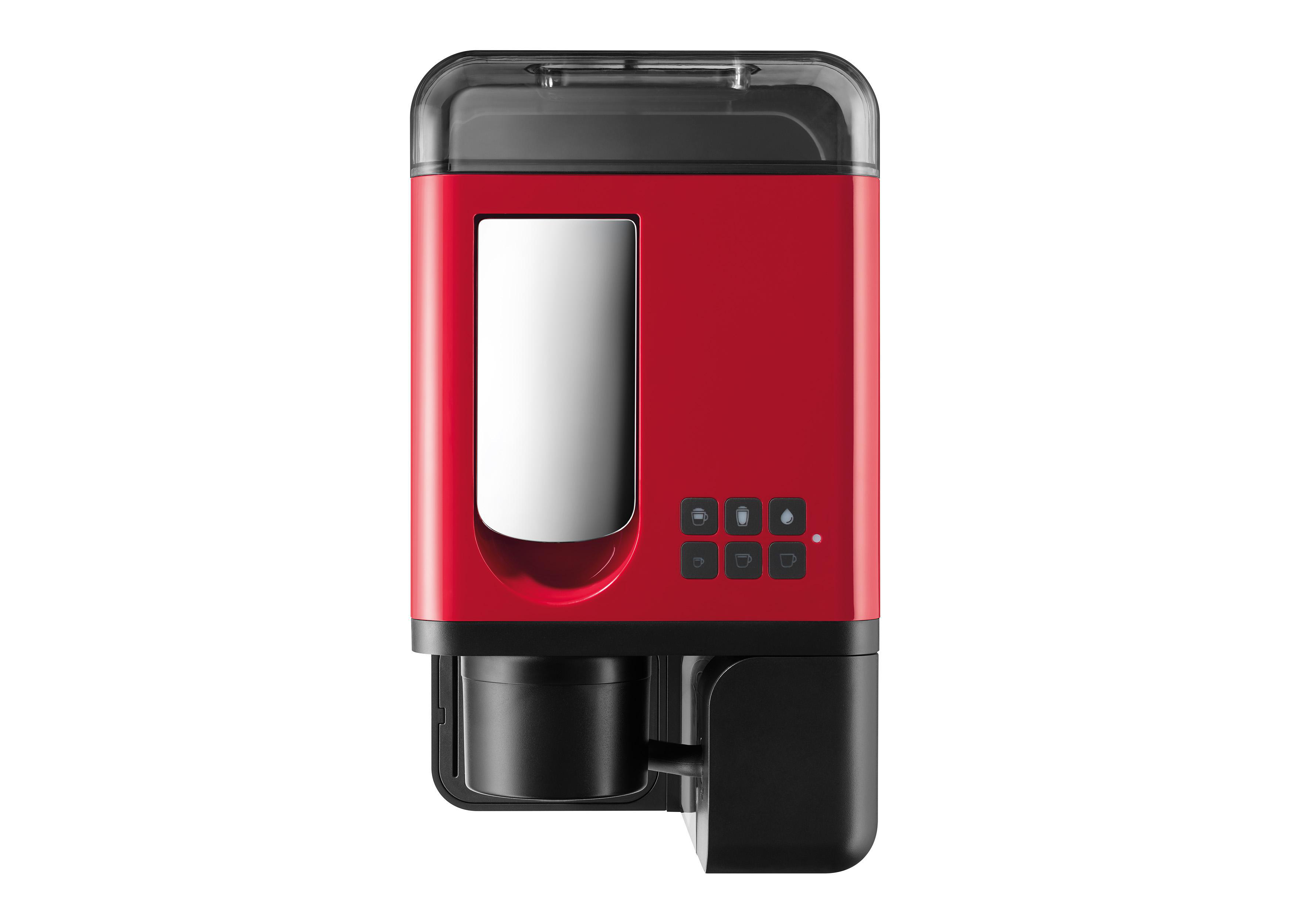 Rote Kaffeemaschine mit schwarzen Komponenten und Knöpfen. Sie steht auf weißem Hintergrund.