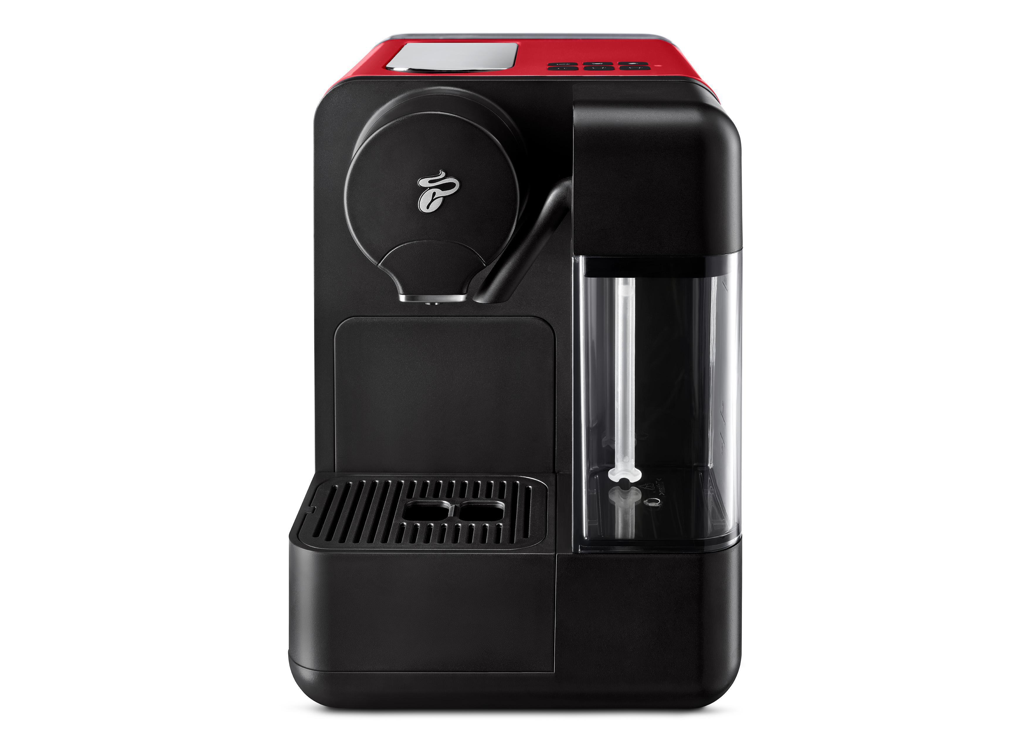 Eine schwarz-rote Kaffeemaschine. Es hat einen Wassertank und einen Platz für Kaffee.