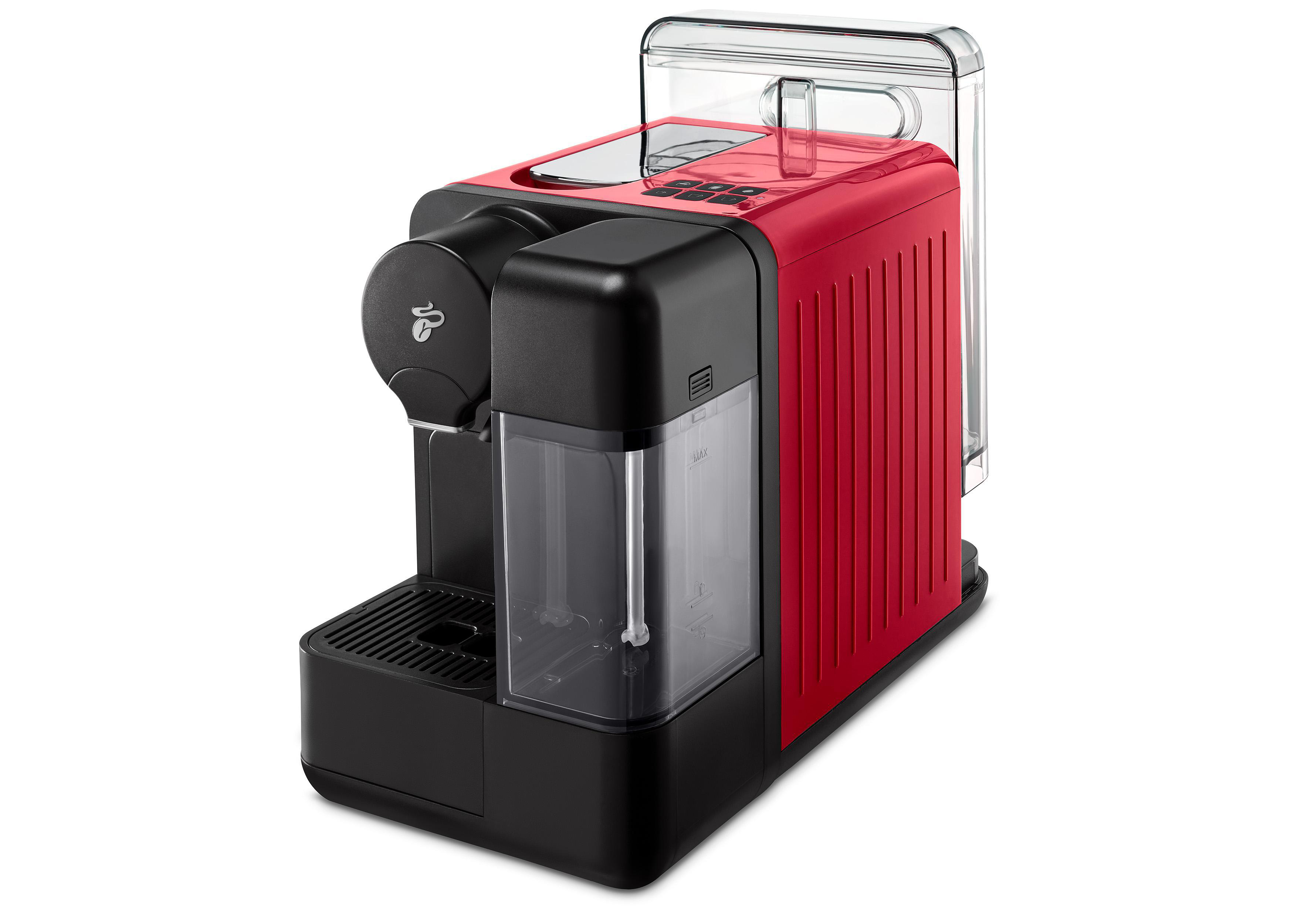 Rote und schwarze Kaffeemaschine mit schwarzem Sockel und Wassertank. Weißer Hintergrund.