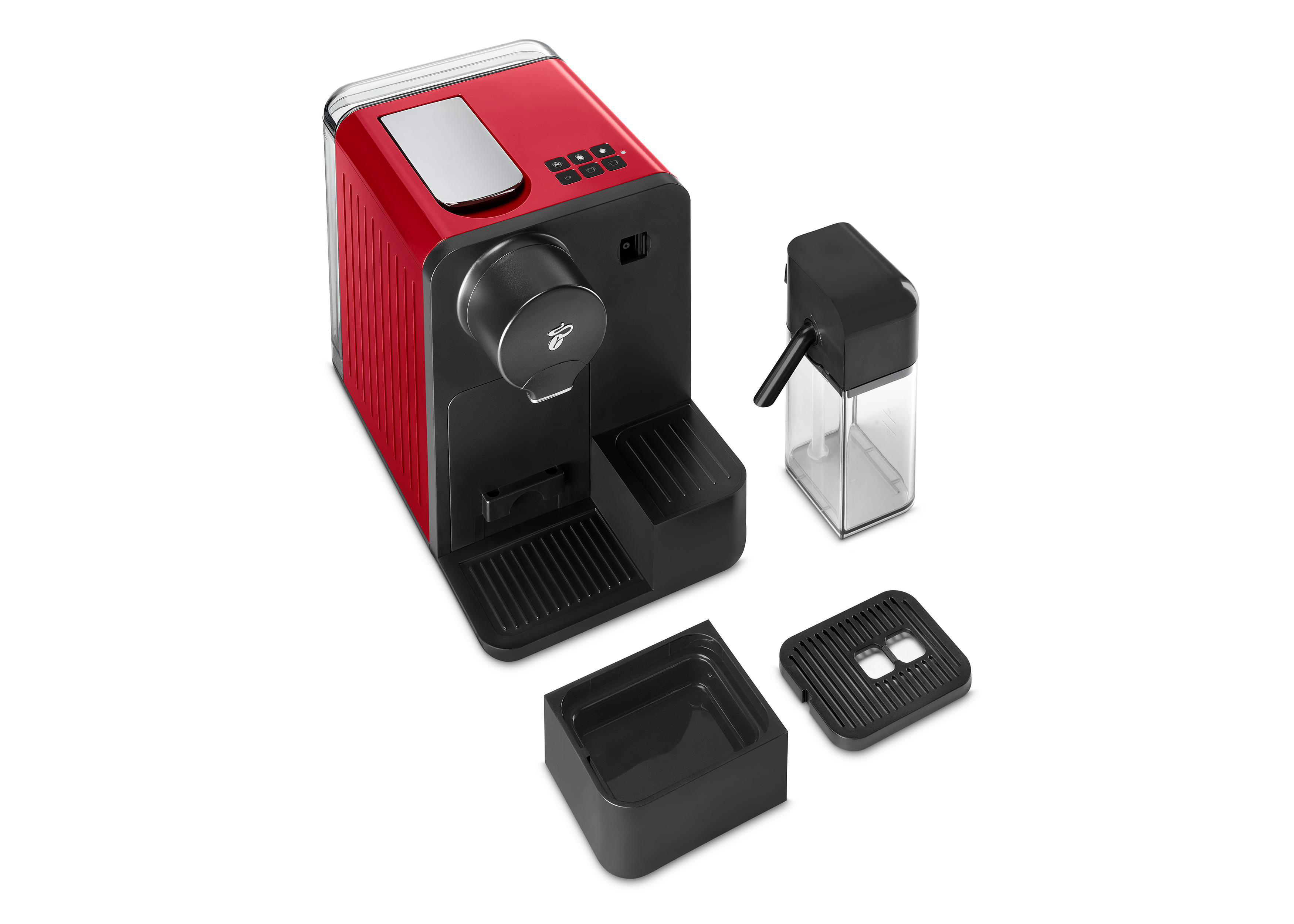 Rote Kaffeemaschine mit abnehmbaren Komponenten, darunter ein Wassertank und ein Tablett. Weißer Hintergrund.