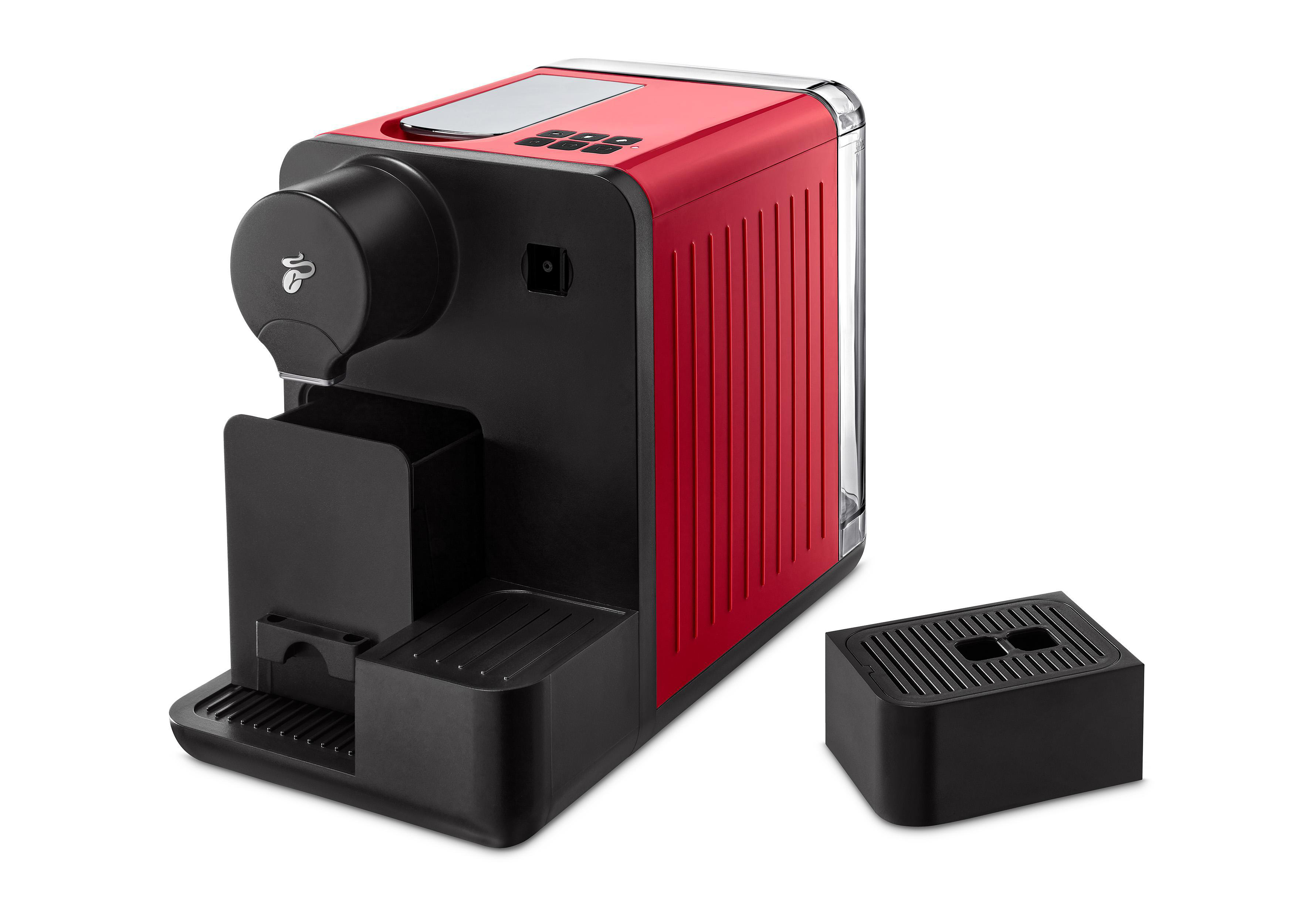 Eine rot-schwarze Kaffeemaschine mit separater schwarzer Abtropfschale. Die Maschine hat ein paar Knöpfe.