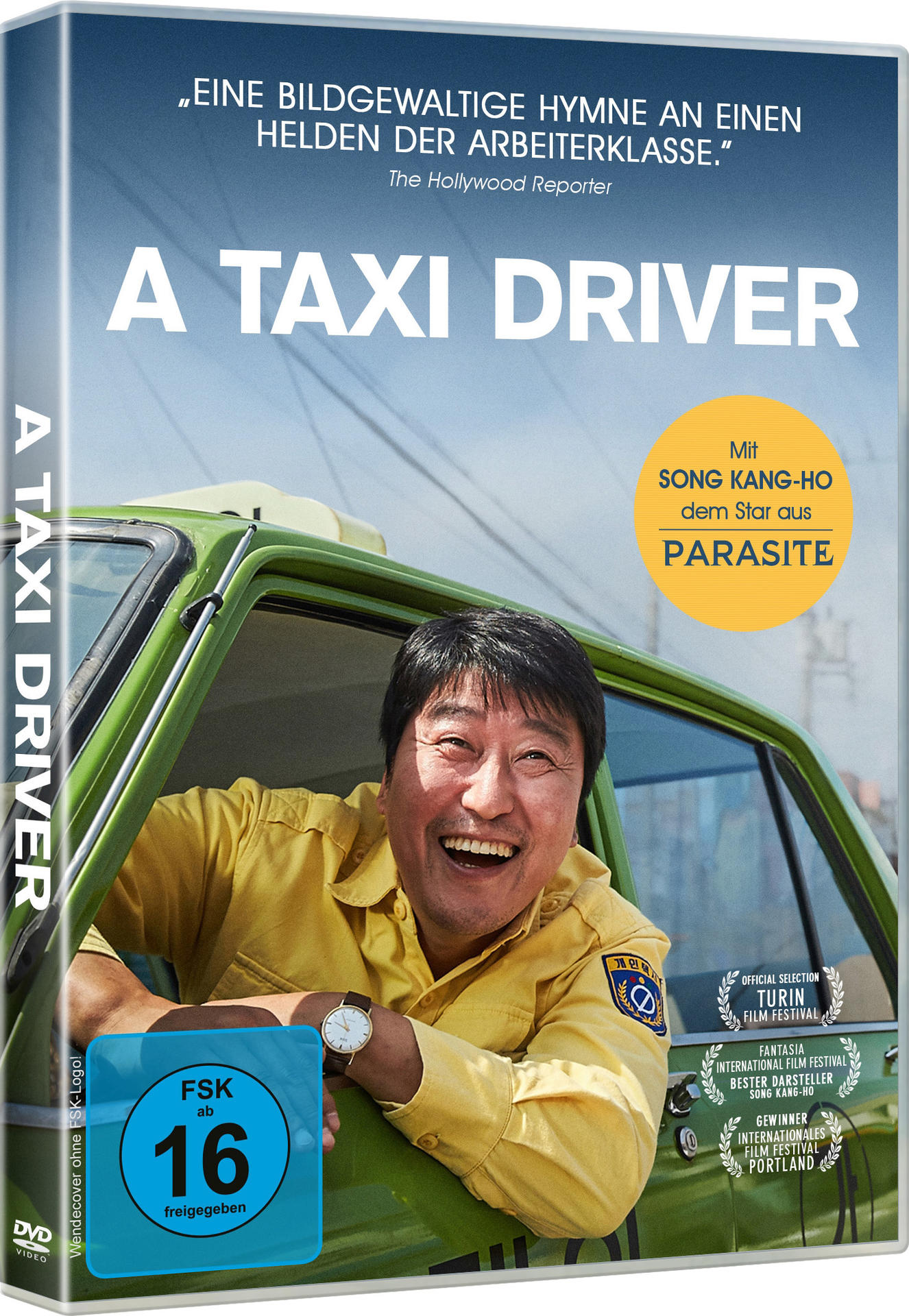 DVD-Cover von 'A Taxi Driver'. Ein Mann lächelt aus einem grünen Taxi. Text in mehreren Sprachen.