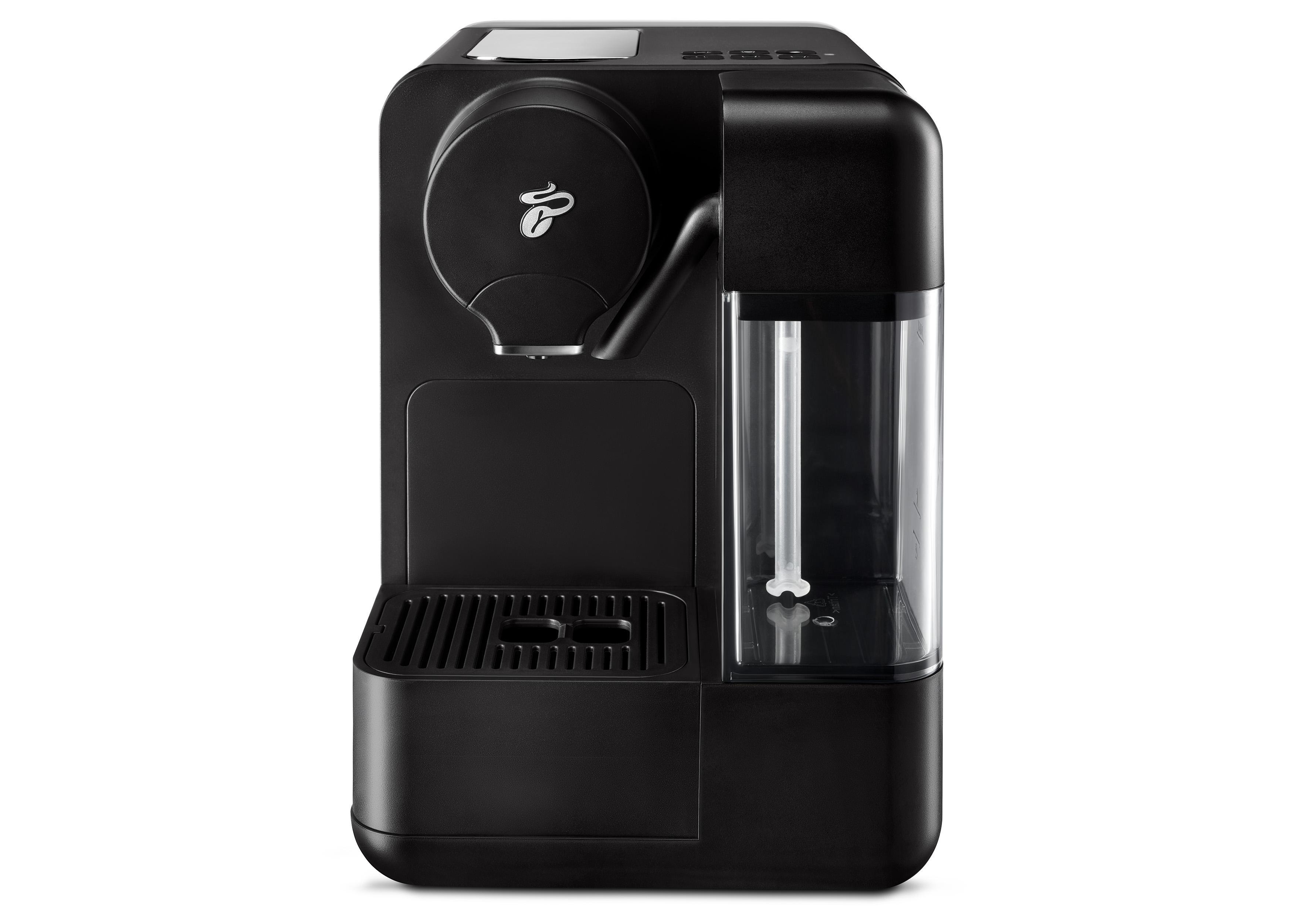 Eine schwarze Kaffeemaschine mit einem Wasserbehälter. Es hat das Tchibo-Logo.