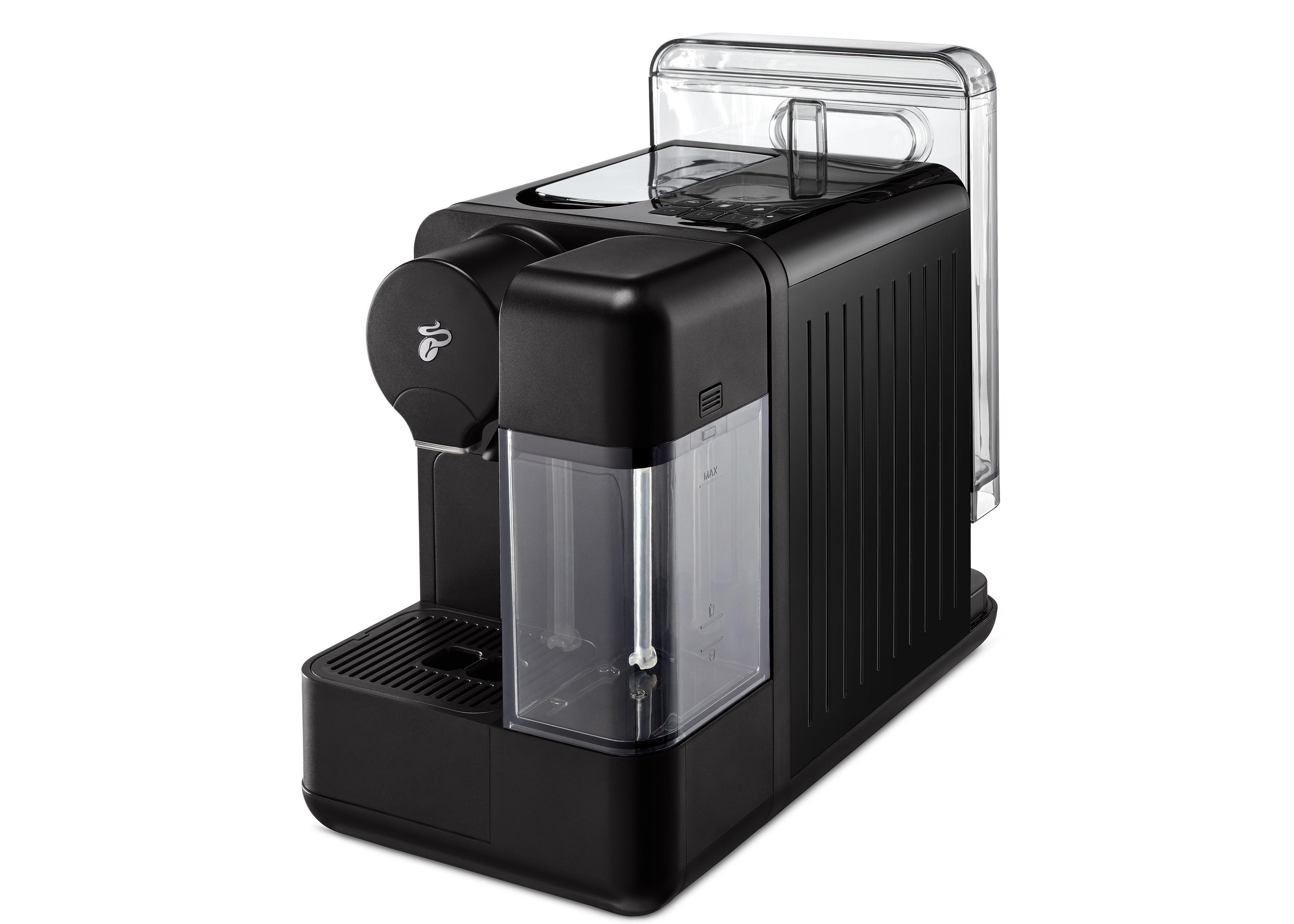 Eine schwarze Kaffeemaschine mit transparentem Wasserbehälter und einem Kaffeebohnen-Logo.