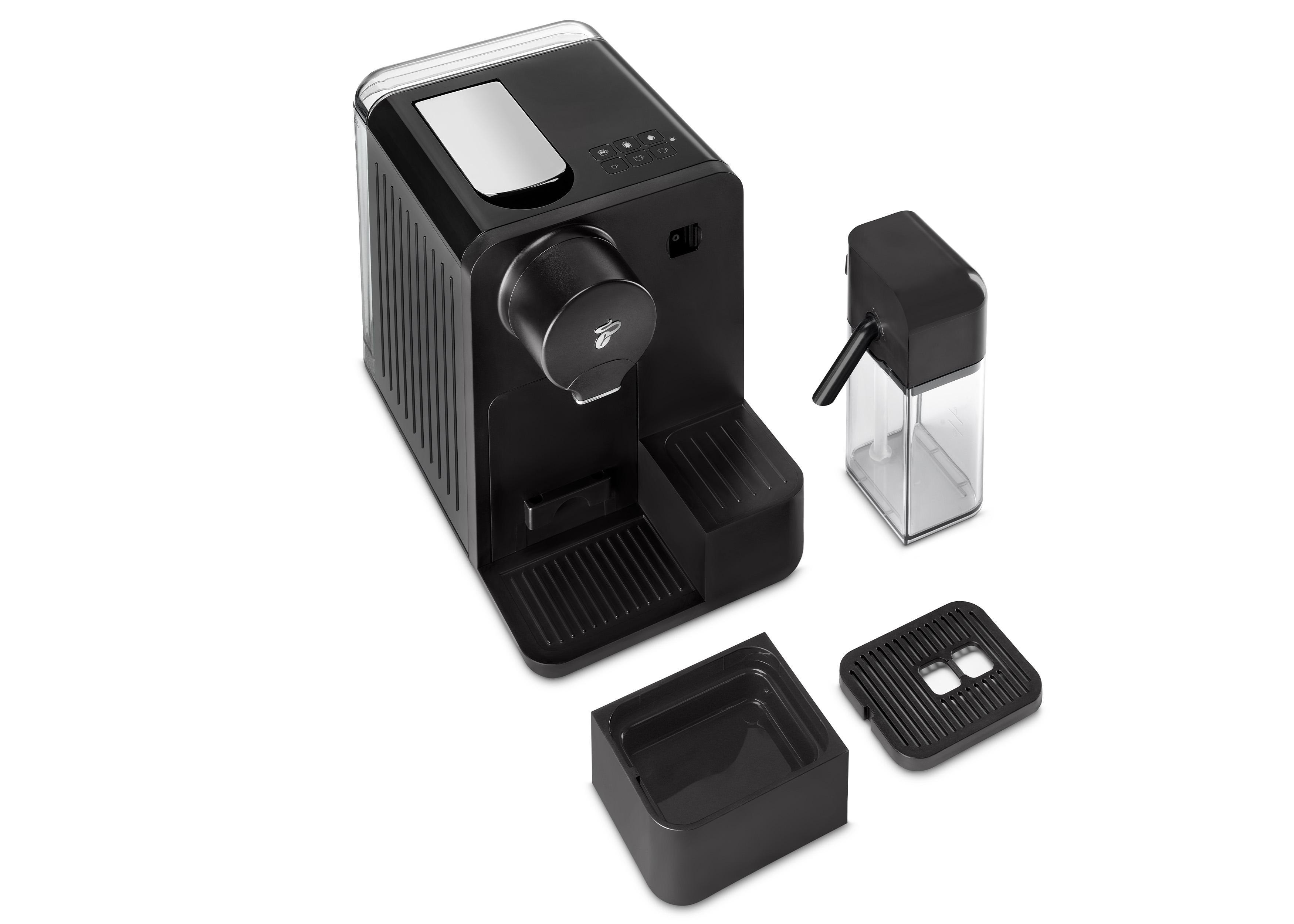 Schwarze Kaffeemaschine mit Wassertank, Tablett und anderen Komponenten.