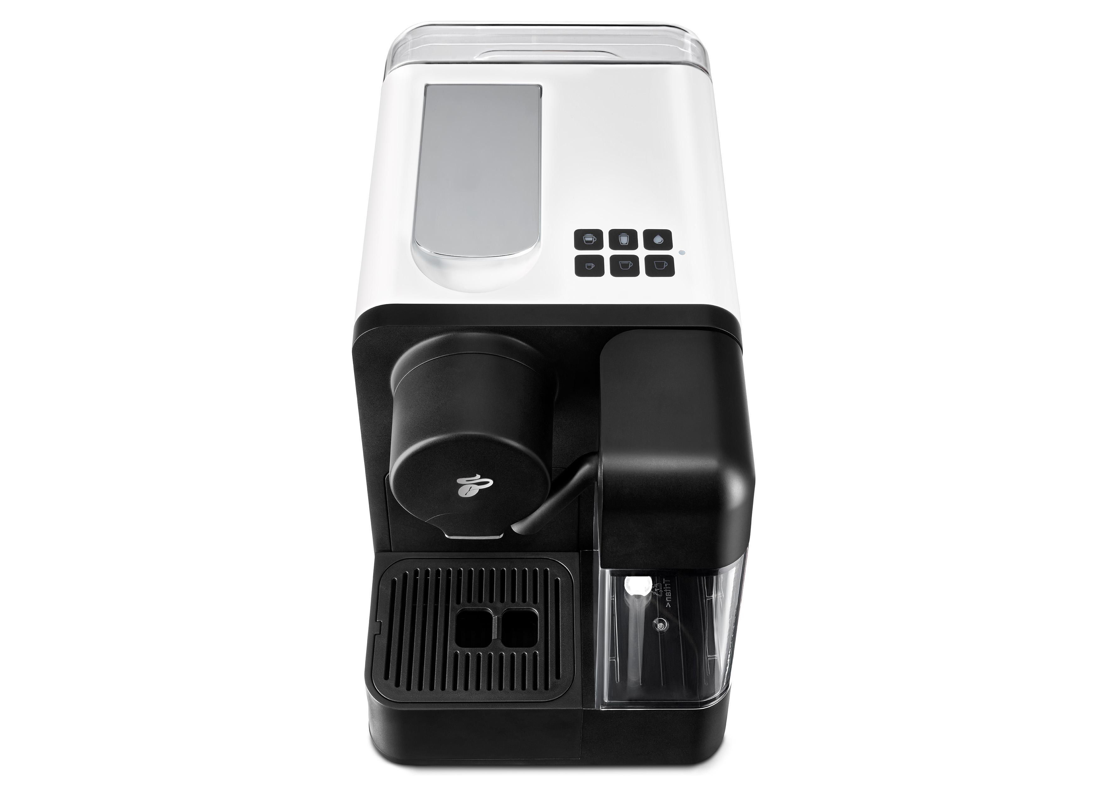 Eine weiß-schwarze Kaffeemaschine mit mehreren Knöpfen und einem Wassertank.