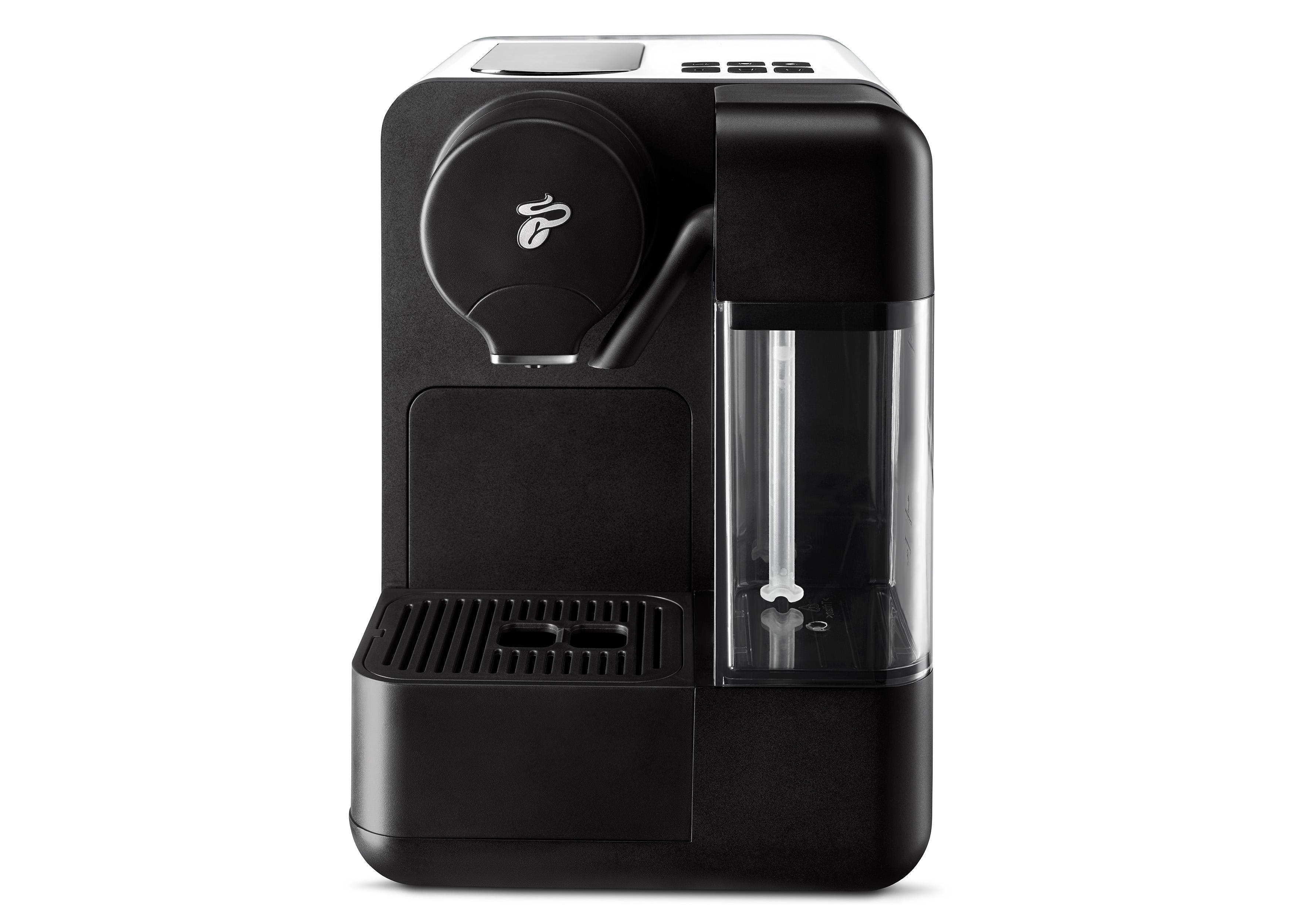 Das Bild zeigt eine schwarze Kaffeemaschine mit einem Kaffeetassen-Symbol auf der Vorderseite. Die Maschine steht auf Weiß.