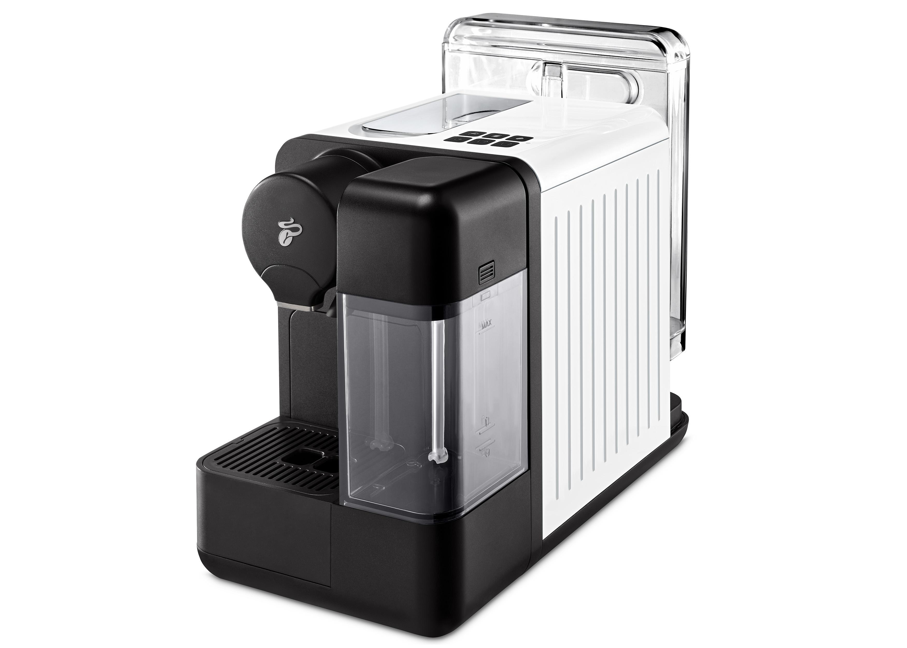 Weiß-schwarze Kaffeemaschine. Transparenter Wassertank an der Seite.
