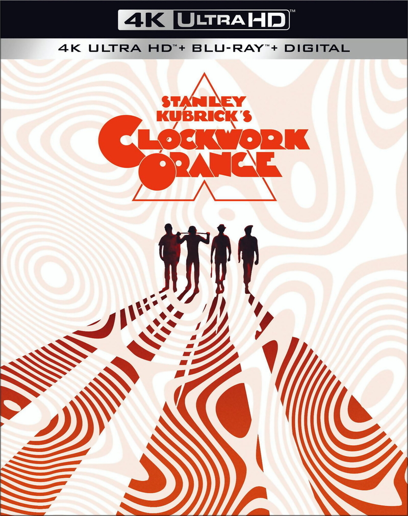 Couverture du film Orange Mécanique avec personnages et fond tourbillonnant rouge et blanc. Logo 4K Ultra HD.