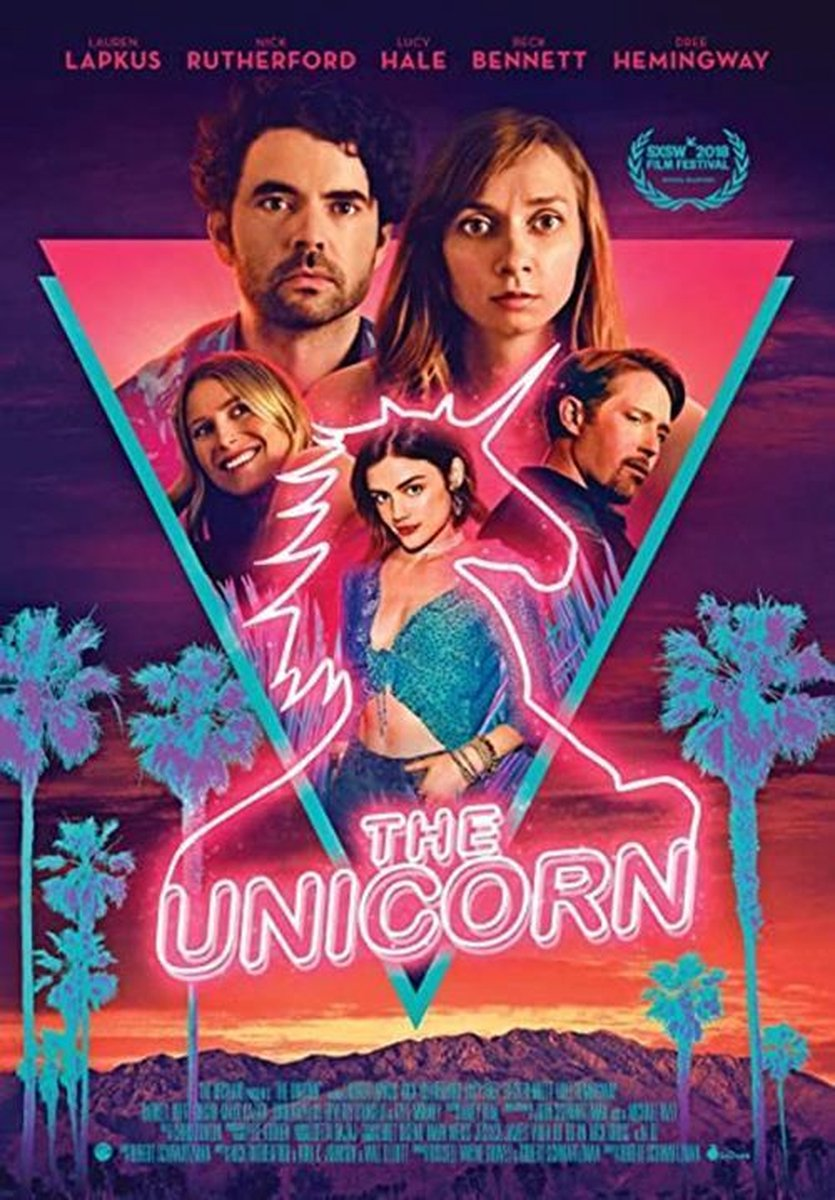 Filmposter voor 'The Unicorn'. Toont vijf mensen, neontekst en palmbomen.