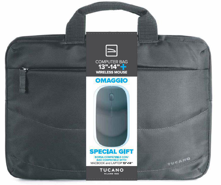Schwarze Computertasche mit Maus, 'Special Gift'-Etikett.