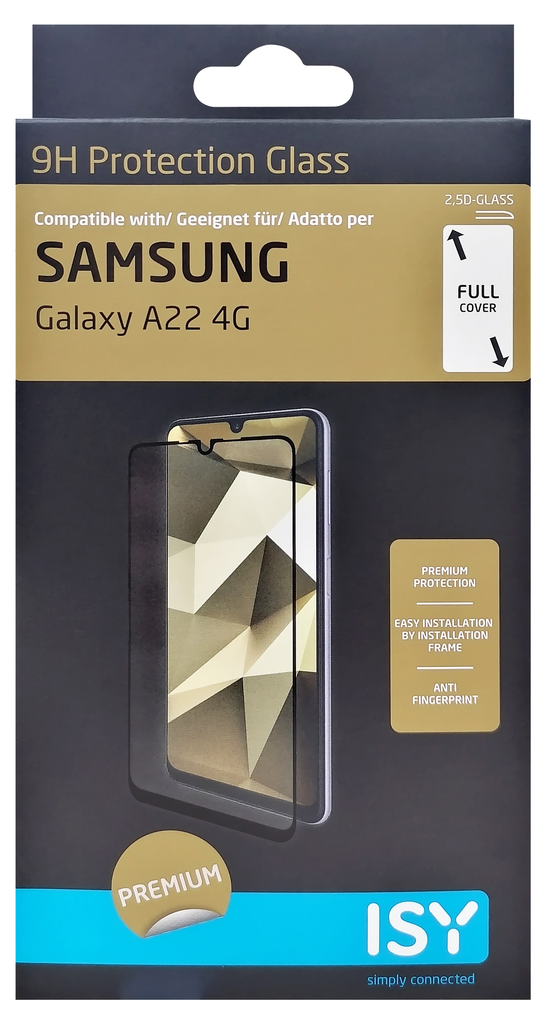 Eine Verpackung für einen Displayschutz, mit Smartphone-Grafik und Text.