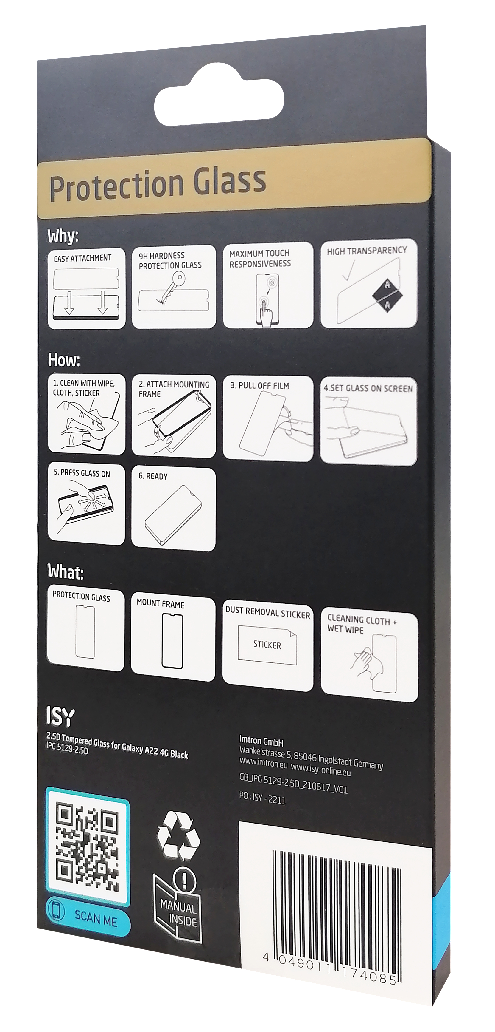 Verpackung für einen Displayschutz. Zeigt Produkt, Anweisungen und Text.