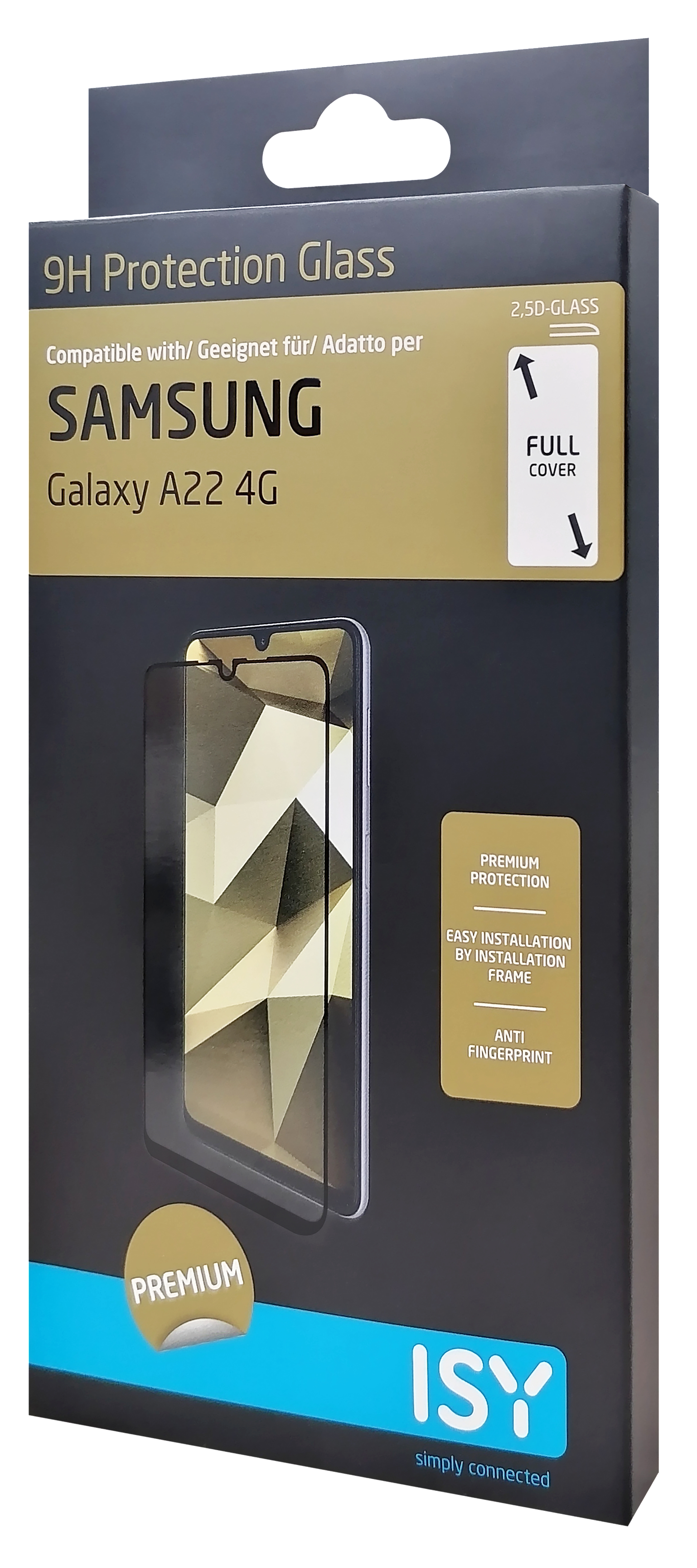 Schachtel mit Displayschutzfolie für Samsung Galaxy A22 4G. Schwarz-weiß.