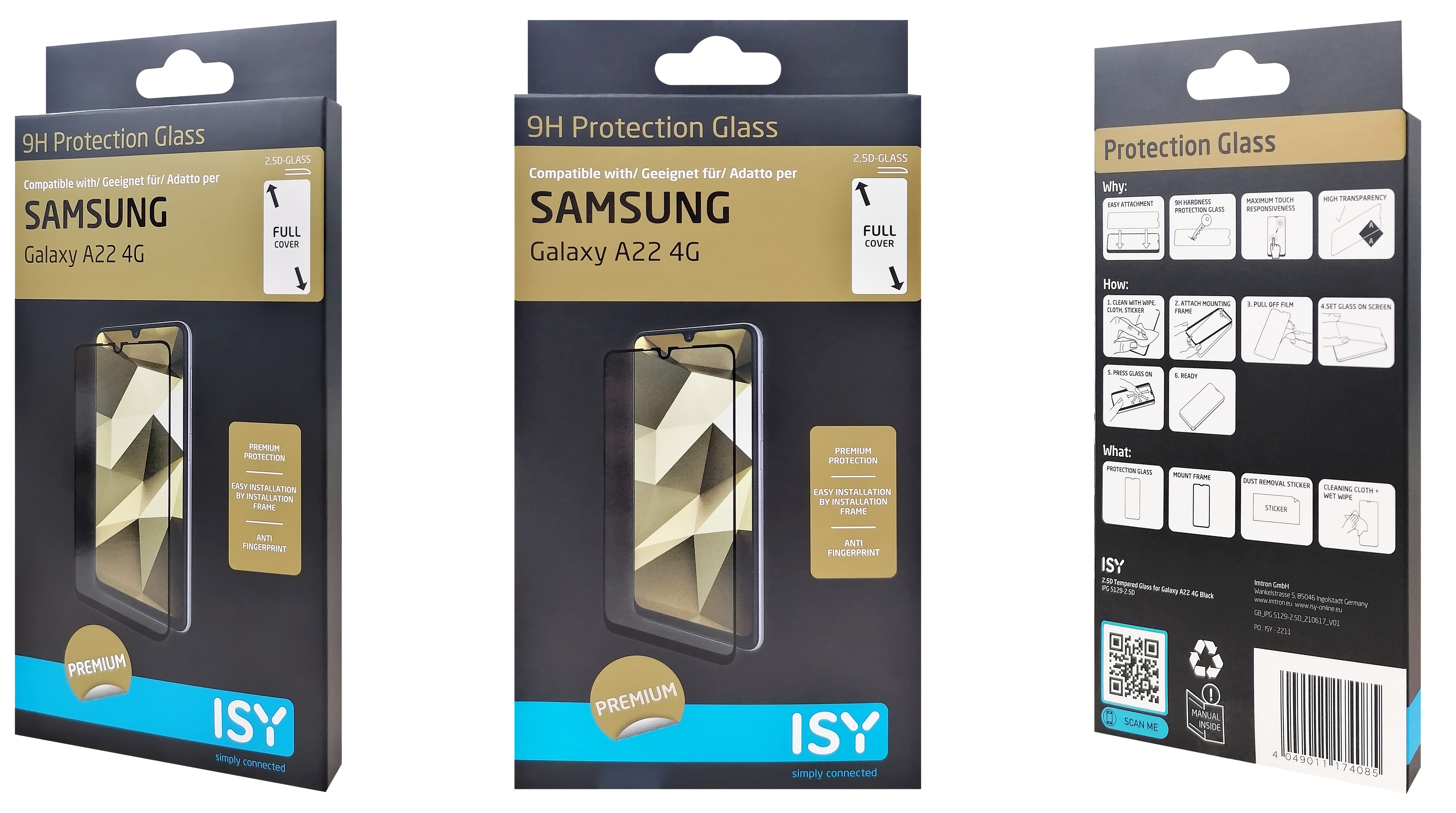 Verpackung eines Displayschutzglases für Samsung Galaxy A22 4G. Die Box enthält Informationen zur Verwendung.