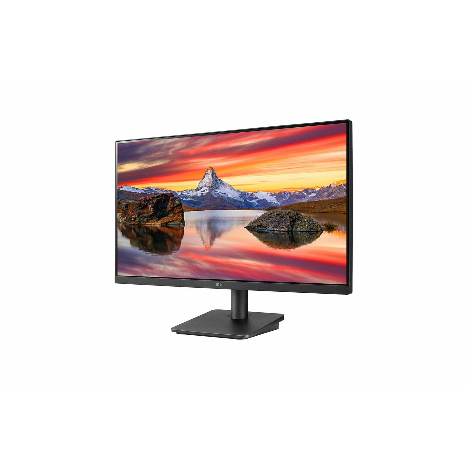 Un monitor LG que muestra un paisaje escénico. El cielo es naranja y las montañas están en la distancia.