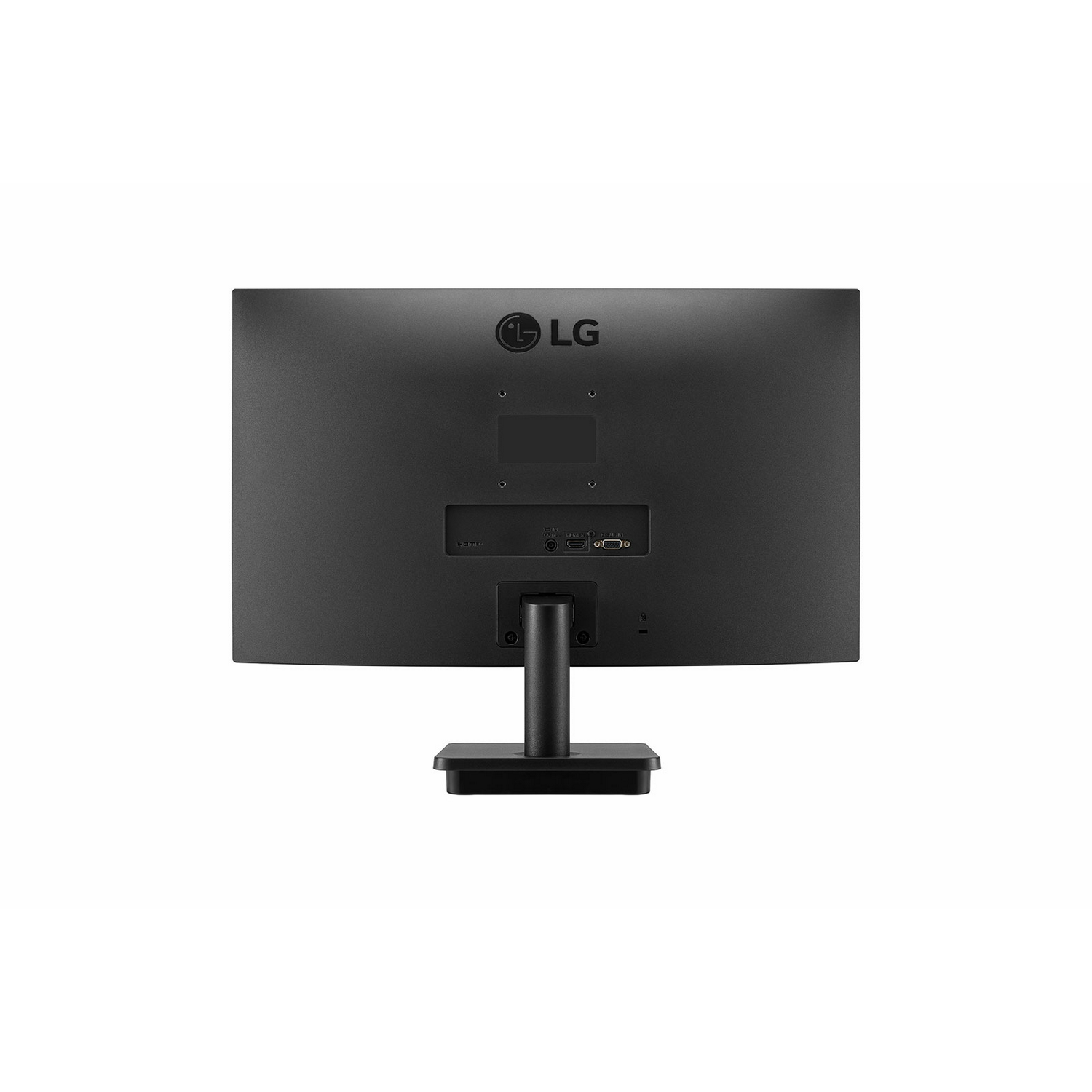 Monitor LG negro, vista trasera, con soporte, mostrando puertos y el logotipo de LG.