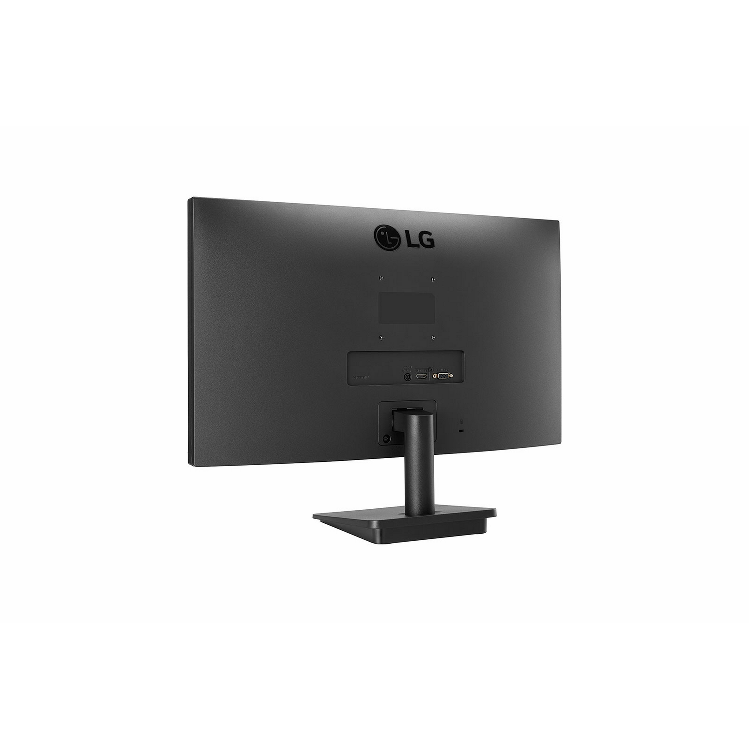 Vista trasera de un monitor de computadora LG negro con soporte negro sobre fondo blanco.