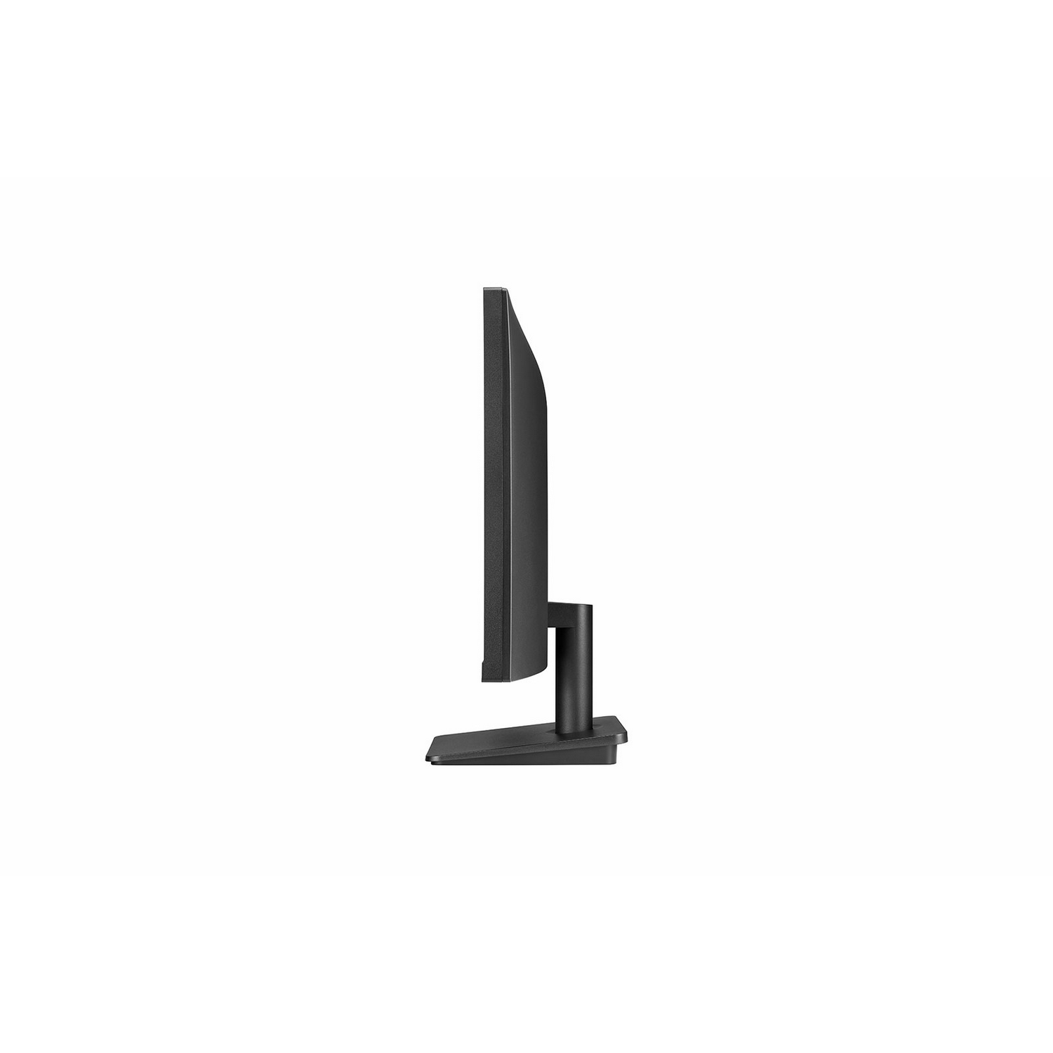 Un monitor de computadora negro, vista lateral, sobre un fondo blanco.