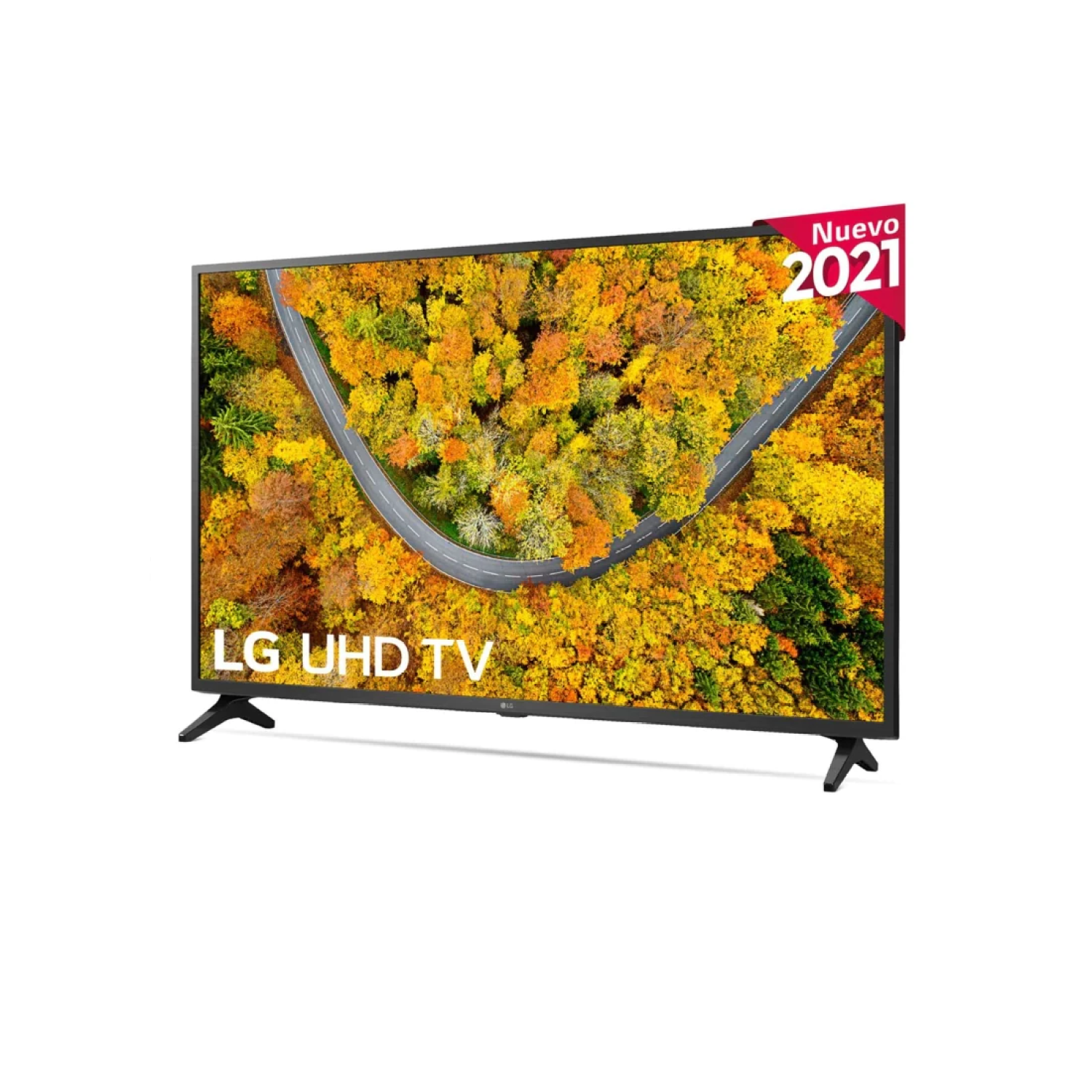 Un televisor de pantalla grande con un paisaje de árboles. Una pegatina roja dice 'Nuevo 2021'.