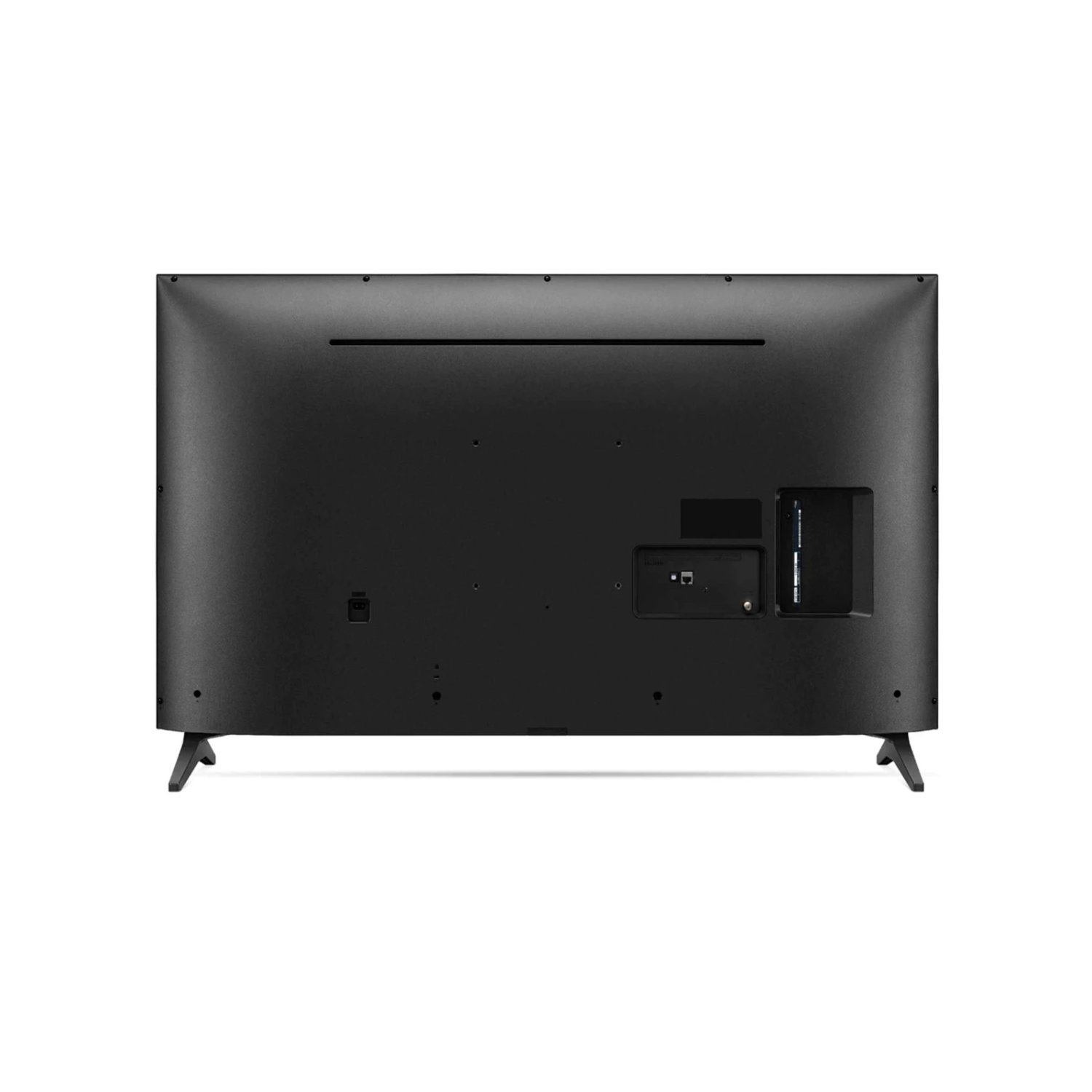Vista trasera de un televisor negro con patas y puertos de conexión.