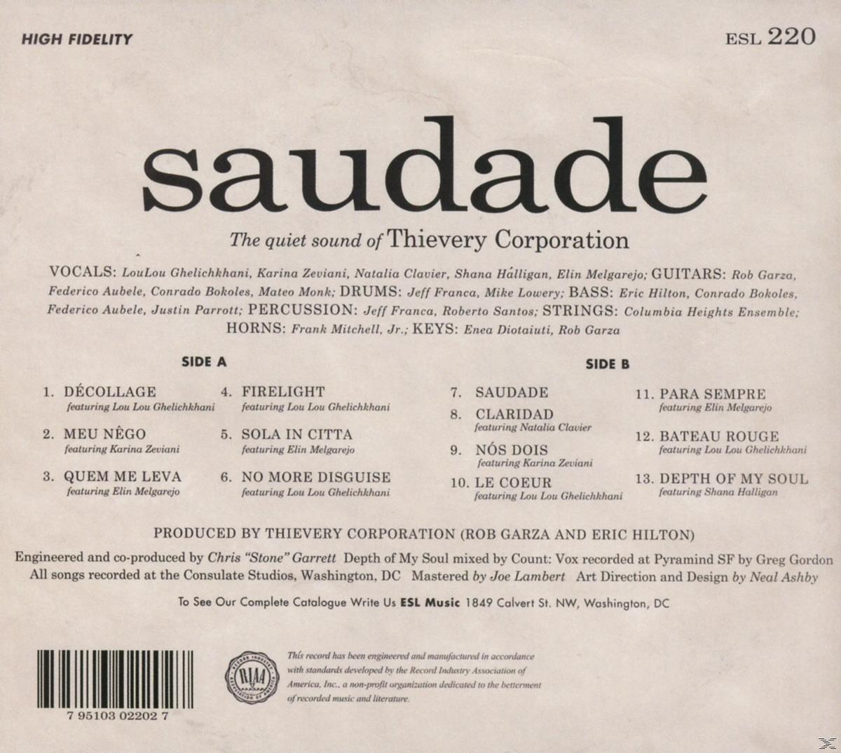 A Thievery Corporation 'Saudade' című albumának borítója, a dalok címeivel és a készítőkkel.