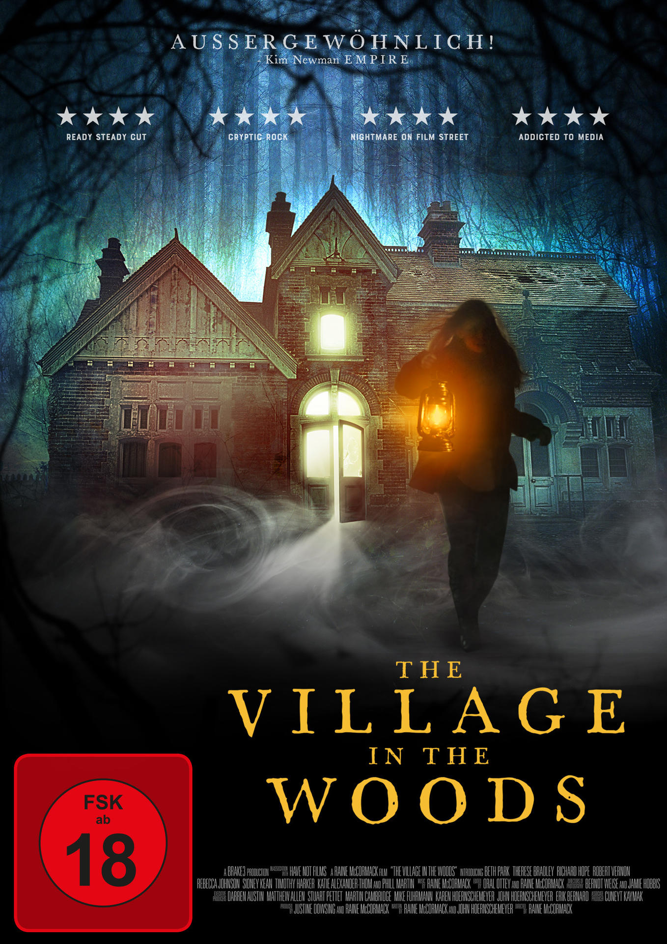 Filmposter: Haus im Wald, Frau mit Laterne, Nachtszene, Horrorfilm.