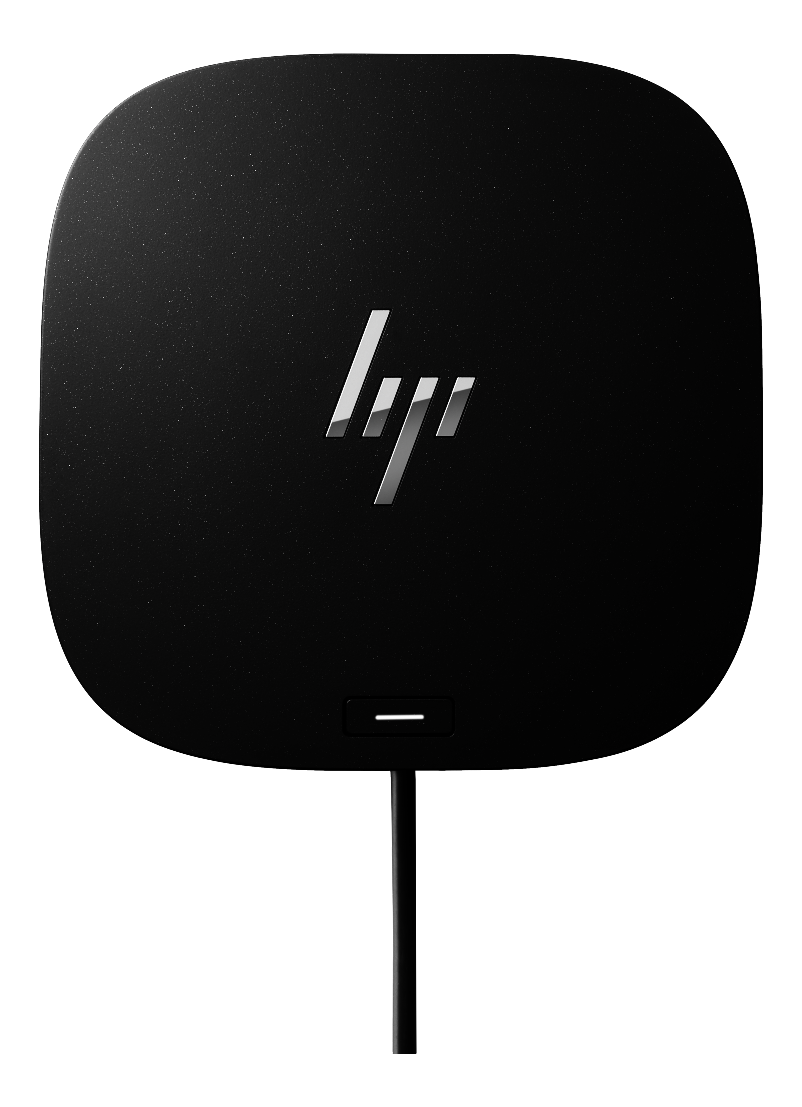 Eine schwarze HP Dockingstation. Sie hat ein silbernes HP-Logo und einen Einschaltknopf. Ein schwarzes Kabel ist angebracht.