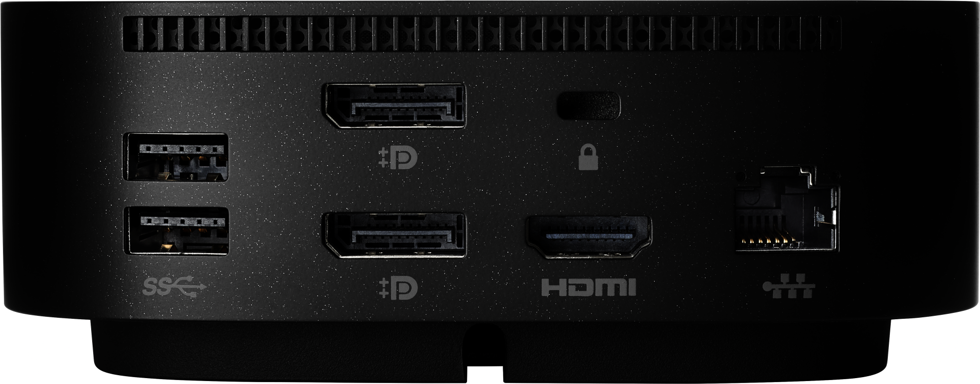 Nahaufnahme eines schwarzen Geräts mit mehreren Anschlüssen: USB, HDMI und Ethernet. Das Design ist elegant.