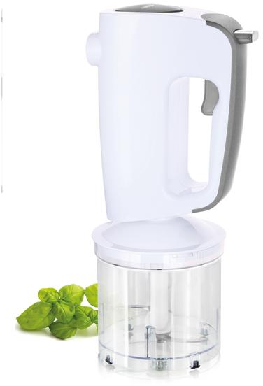 Frullatore a immersione bianco con contenitore trasparente e basilico.