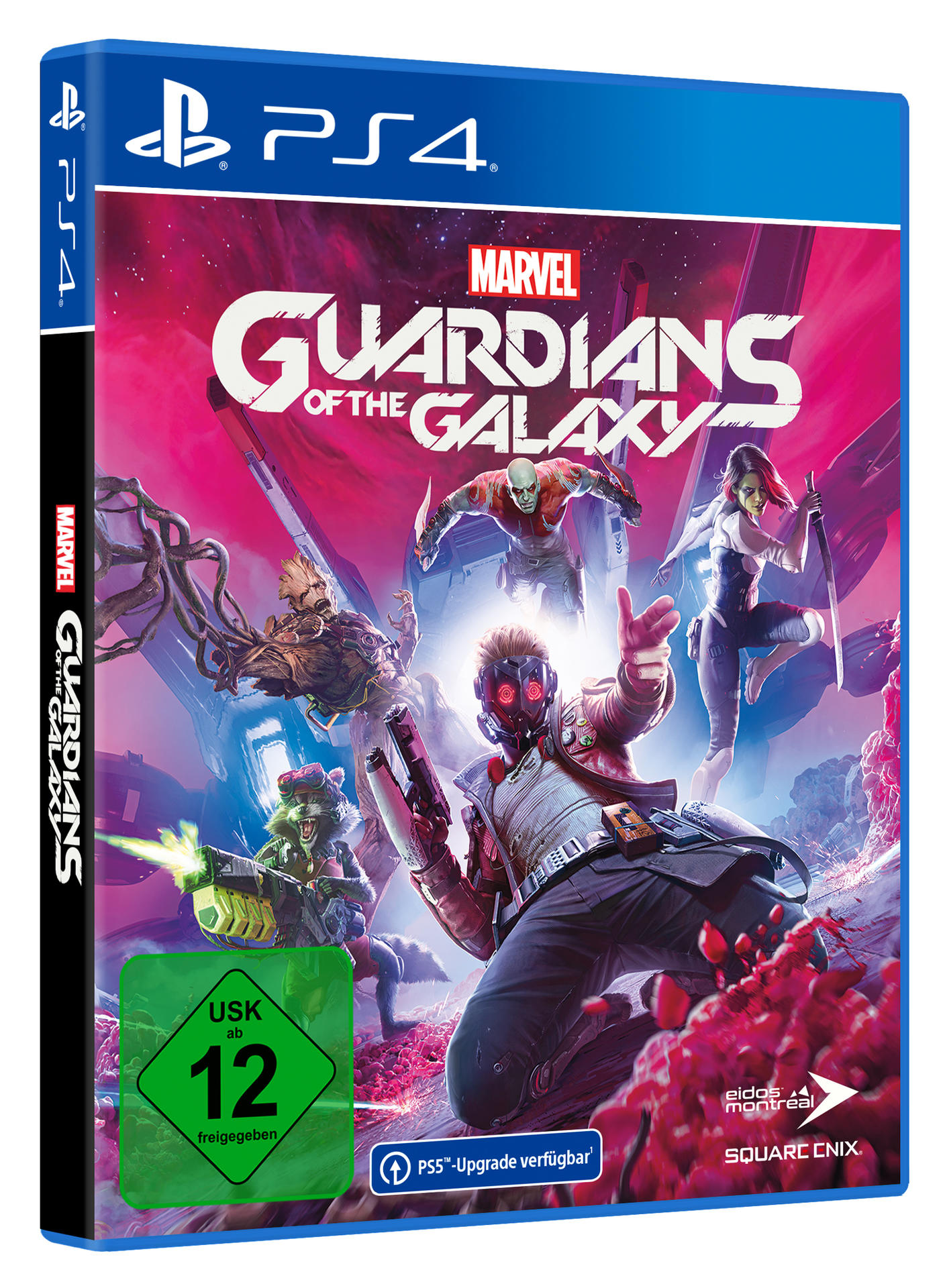 Box-Art für das Spiel Marvel's Guardians of the Galaxy. Charaktere in Aktion auf pinkem Hintergrund.