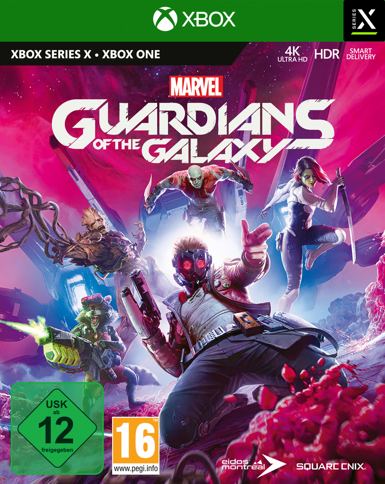 Guardians of the Galaxy-Spielcover mit Charakteren, lebendigen Farben und Xbox-Logo. 4K Ultra HD.