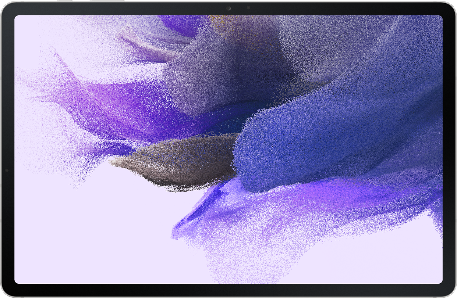 Ein Tablet mit silbernem Rahmen, das abstrakte lila und blaue Formen auf weißem Hintergrund zeigt.