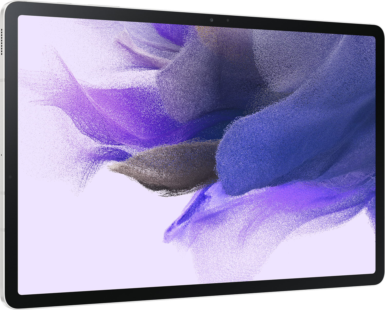 Weißes Tablet mit lila und blauem Bildschirm, aus einem Winkel gesehen.